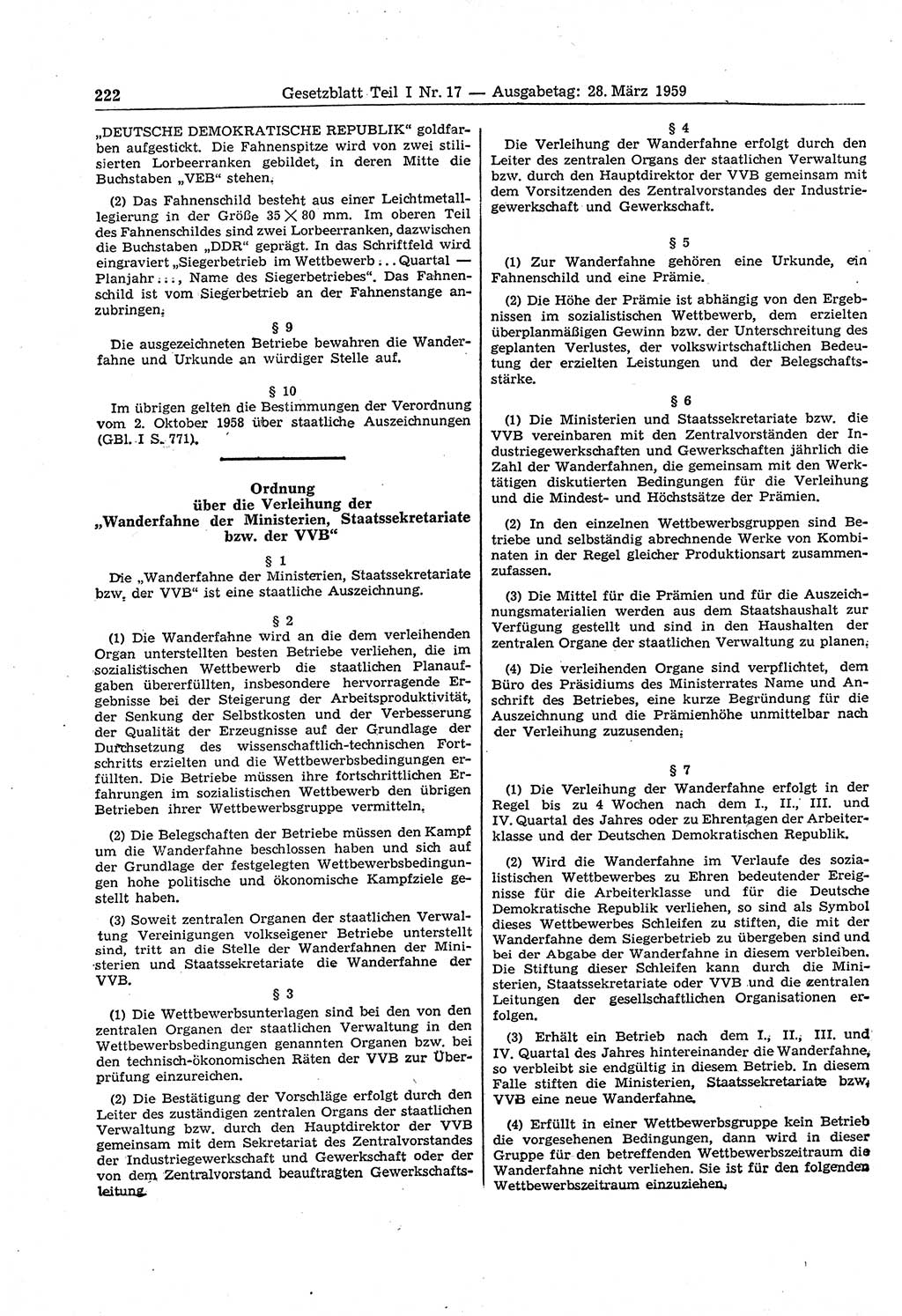 Gesetzblatt (GBl.) der Deutschen Demokratischen Republik (DDR) Teil Ⅰ 1959, Seite 222 (GBl. DDR Ⅰ 1959, S. 222)