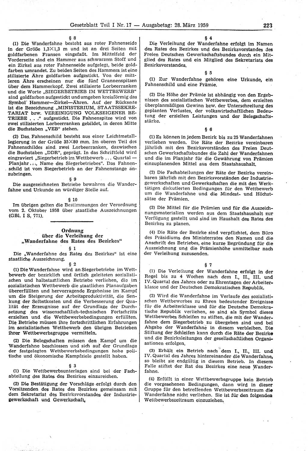 Gesetzblatt (GBl.) der Deutschen Demokratischen Republik (DDR) Teil Ⅰ 1959, Seite 223 (GBl. DDR Ⅰ 1959, S. 223)