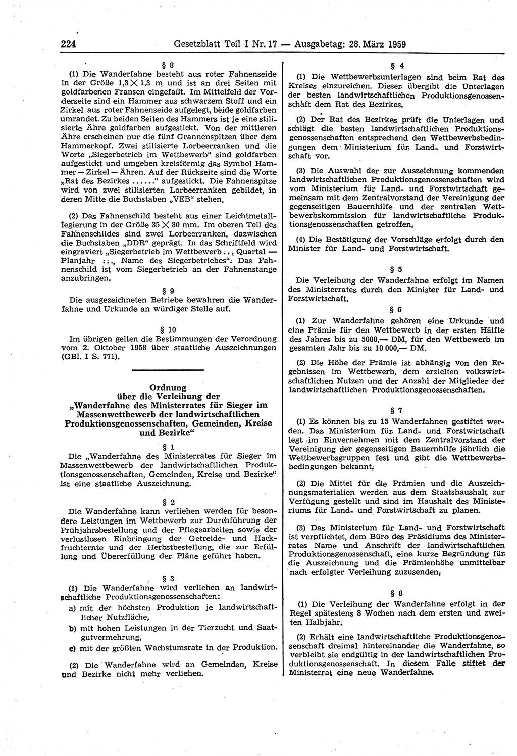 Gesetzblatt (GBl.) der Deutschen Demokratischen Republik (DDR) Teil Ⅰ 1959, Seite 224 (GBl. DDR Ⅰ 1959, S. 224)