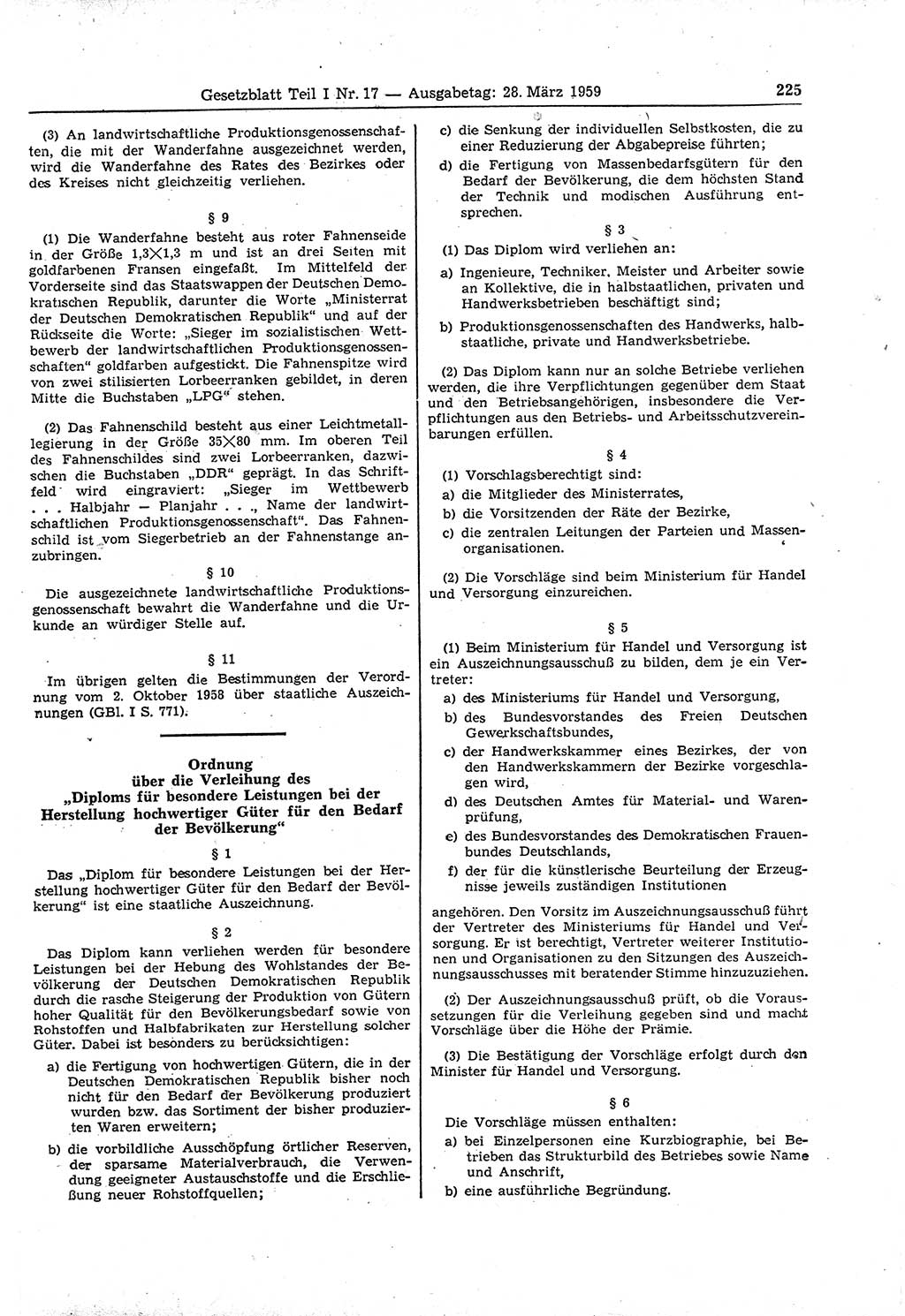 Gesetzblatt (GBl.) der Deutschen Demokratischen Republik (DDR) Teil Ⅰ 1959, Seite 225 (GBl. DDR Ⅰ 1959, S. 225)