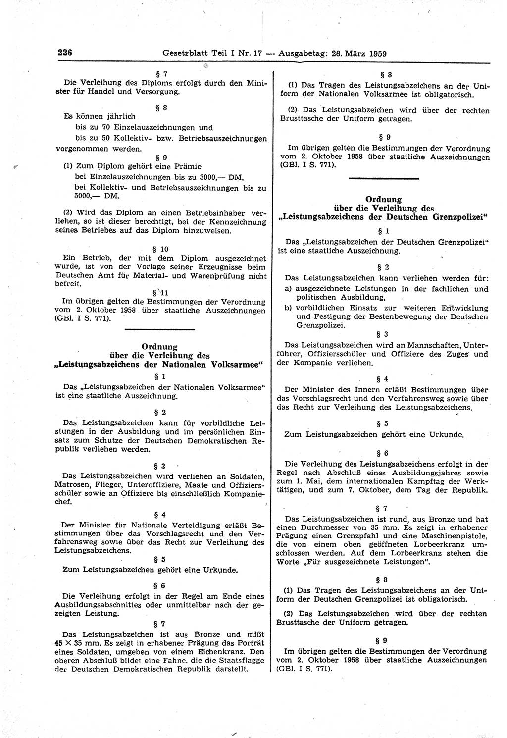 Gesetzblatt (GBl.) der Deutschen Demokratischen Republik (DDR) Teil Ⅰ 1959, Seite 226 (GBl. DDR Ⅰ 1959, S. 226)