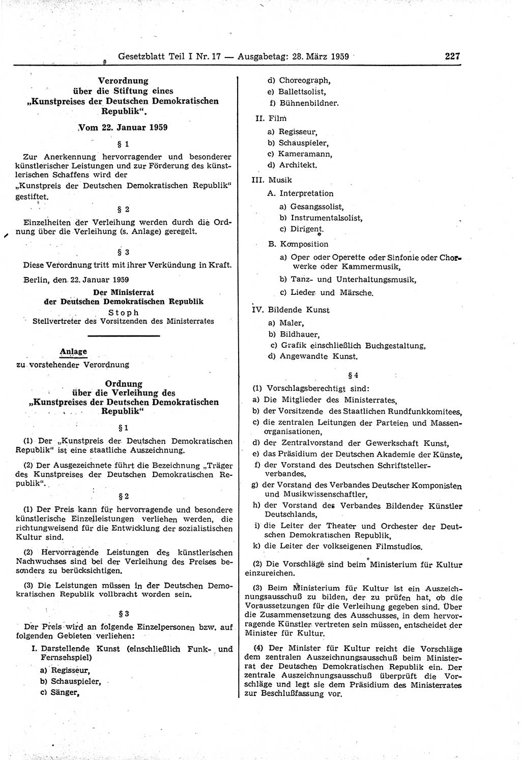 Gesetzblatt (GBl.) der Deutschen Demokratischen Republik (DDR) Teil Ⅰ 1959, Seite 227 (GBl. DDR Ⅰ 1959, S. 227)