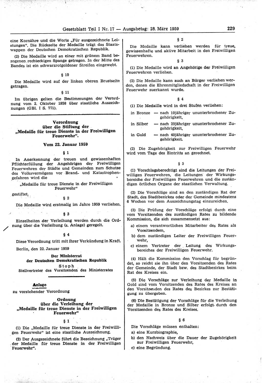 Gesetzblatt (GBl.) der Deutschen Demokratischen Republik (DDR) Teil Ⅰ 1959, Seite 229 (GBl. DDR Ⅰ 1959, S. 229)