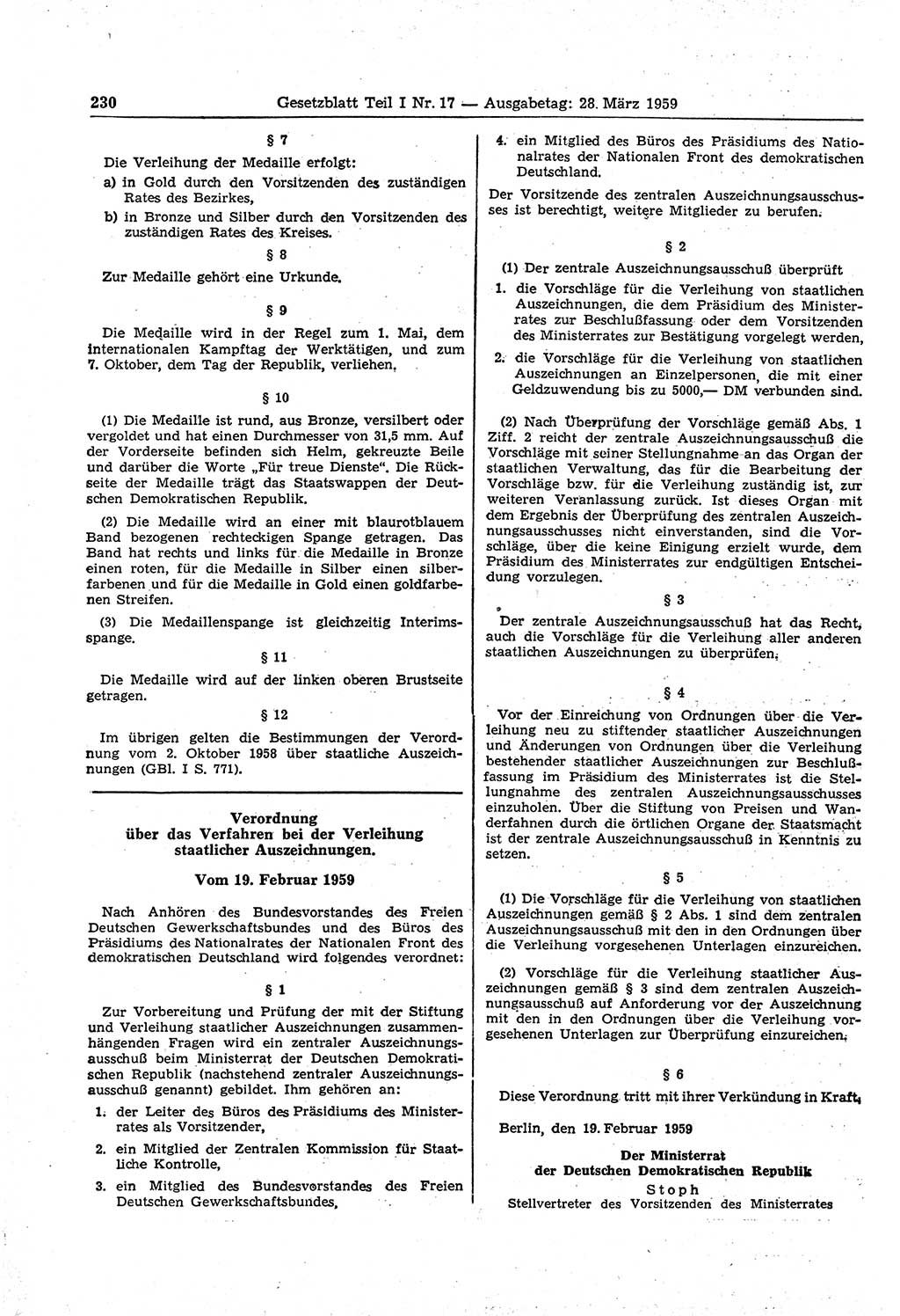 Gesetzblatt (GBl.) der Deutschen Demokratischen Republik (DDR) Teil Ⅰ 1959, Seite 230 (GBl. DDR Ⅰ 1959, S. 230)