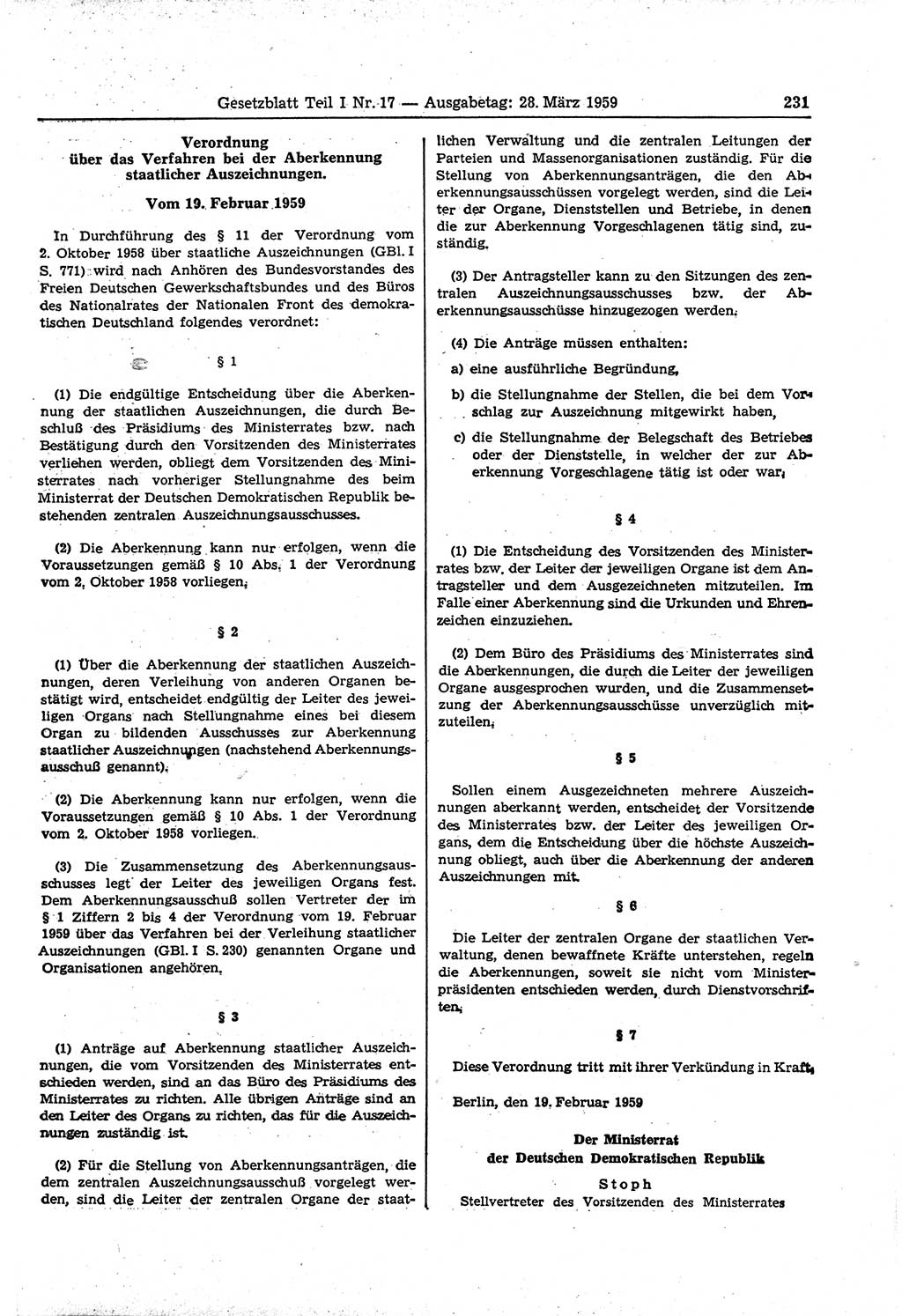 Gesetzblatt (GBl.) der Deutschen Demokratischen Republik (DDR) Teil Ⅰ 1959, Seite 231 (GBl. DDR Ⅰ 1959, S. 231)
