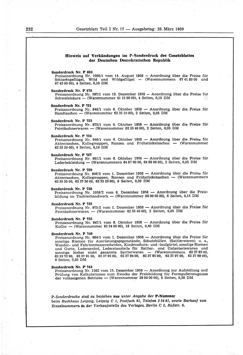 Gesetzblatt (GBl.) der Deutschen Demokratischen Republik (DDR) Teil Ⅰ 1959, Seite 232 (GBl. DDR Ⅰ 1959, S. 232)