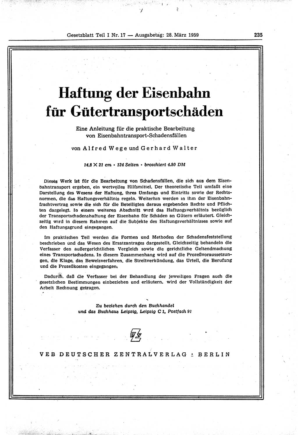 Gesetzblatt (GBl.) der Deutschen Demokratischen Republik (DDR) Teil Ⅰ 1959, Seite 235 (GBl. DDR Ⅰ 1959, S. 235)