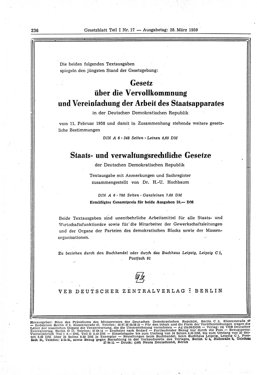 Gesetzblatt (GBl.) der Deutschen Demokratischen Republik (DDR) Teil Ⅰ 1959, Seite 236 (GBl. DDR Ⅰ 1959, S. 236)