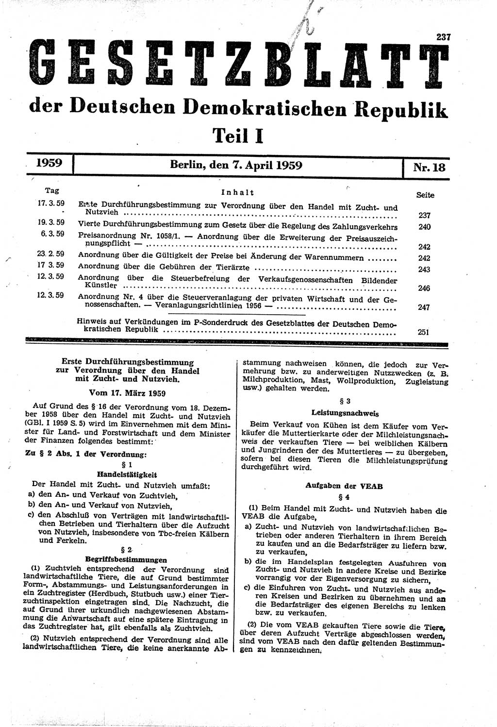 Gesetzblatt (GBl.) der Deutschen Demokratischen Republik (DDR) Teil Ⅰ 1959, Seite 237 (GBl. DDR Ⅰ 1959, S. 237)