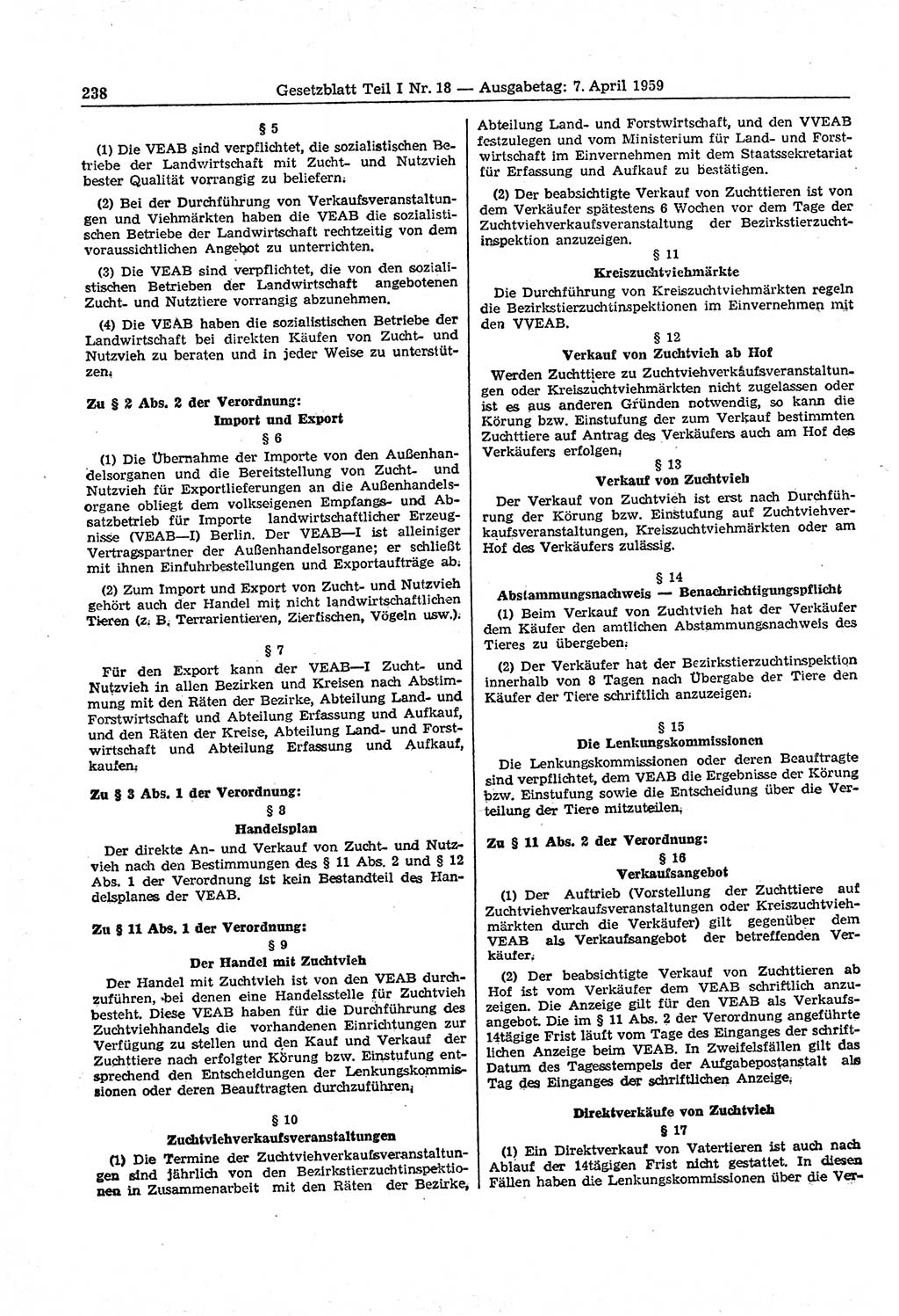 Gesetzblatt (GBl.) der Deutschen Demokratischen Republik (DDR) Teil Ⅰ 1959, Seite 238 (GBl. DDR Ⅰ 1959, S. 238)