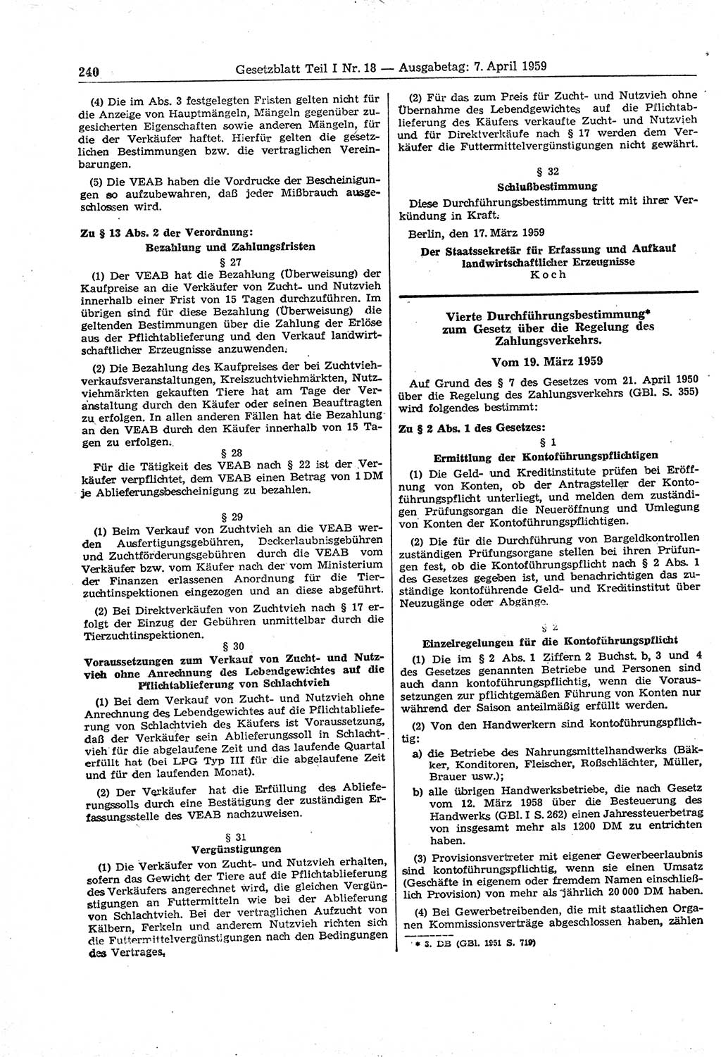 Gesetzblatt (GBl.) der Deutschen Demokratischen Republik (DDR) Teil Ⅰ 1959, Seite 240 (GBl. DDR Ⅰ 1959, S. 240)