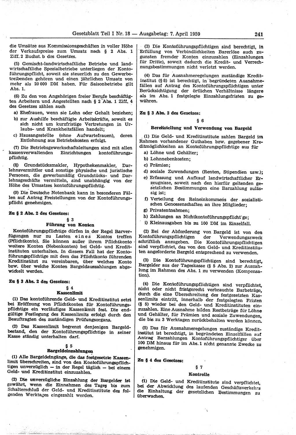 Gesetzblatt (GBl.) der Deutschen Demokratischen Republik (DDR) Teil Ⅰ 1959, Seite 241 (GBl. DDR Ⅰ 1959, S. 241)