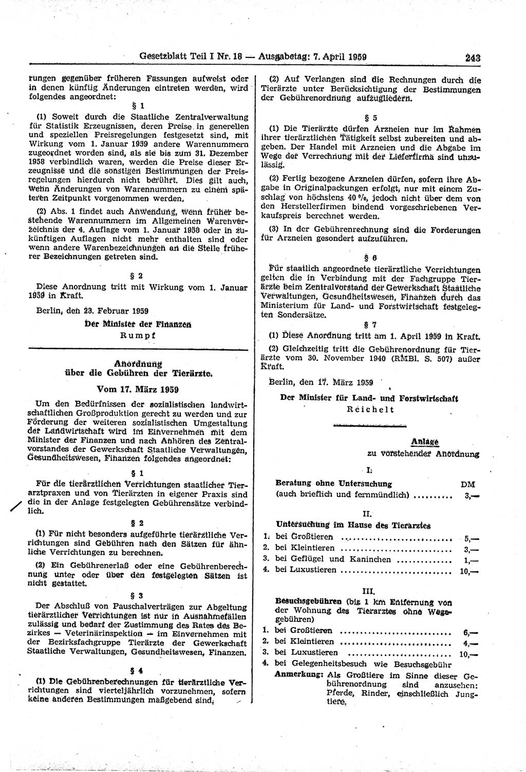 Gesetzblatt (GBl.) der Deutschen Demokratischen Republik (DDR) Teil Ⅰ 1959, Seite 243 (GBl. DDR Ⅰ 1959, S. 243)