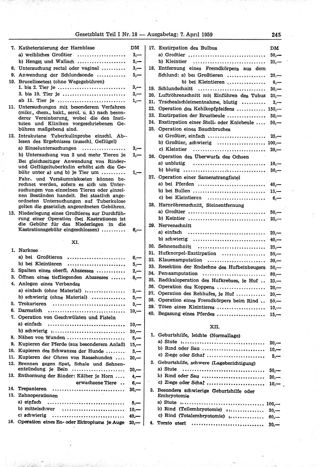 Gesetzblatt (GBl.) der Deutschen Demokratischen Republik (DDR) Teil Ⅰ 1959, Seite 245 (GBl. DDR Ⅰ 1959, S. 245)