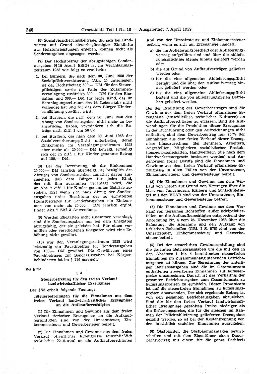 Gesetzblatt (GBl.) der Deutschen Demokratischen Republik (DDR) Teil Ⅰ 1959, Seite 248 (GBl. DDR Ⅰ 1959, S. 248)