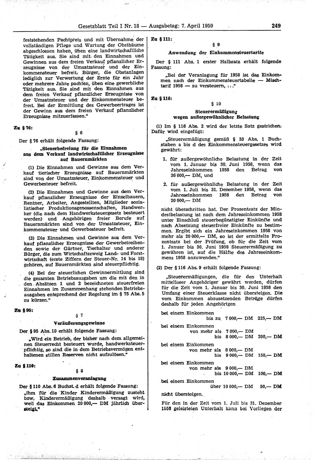 Gesetzblatt (GBl.) der Deutschen Demokratischen Republik (DDR) Teil Ⅰ 1959, Seite 249 (GBl. DDR Ⅰ 1959, S. 249)