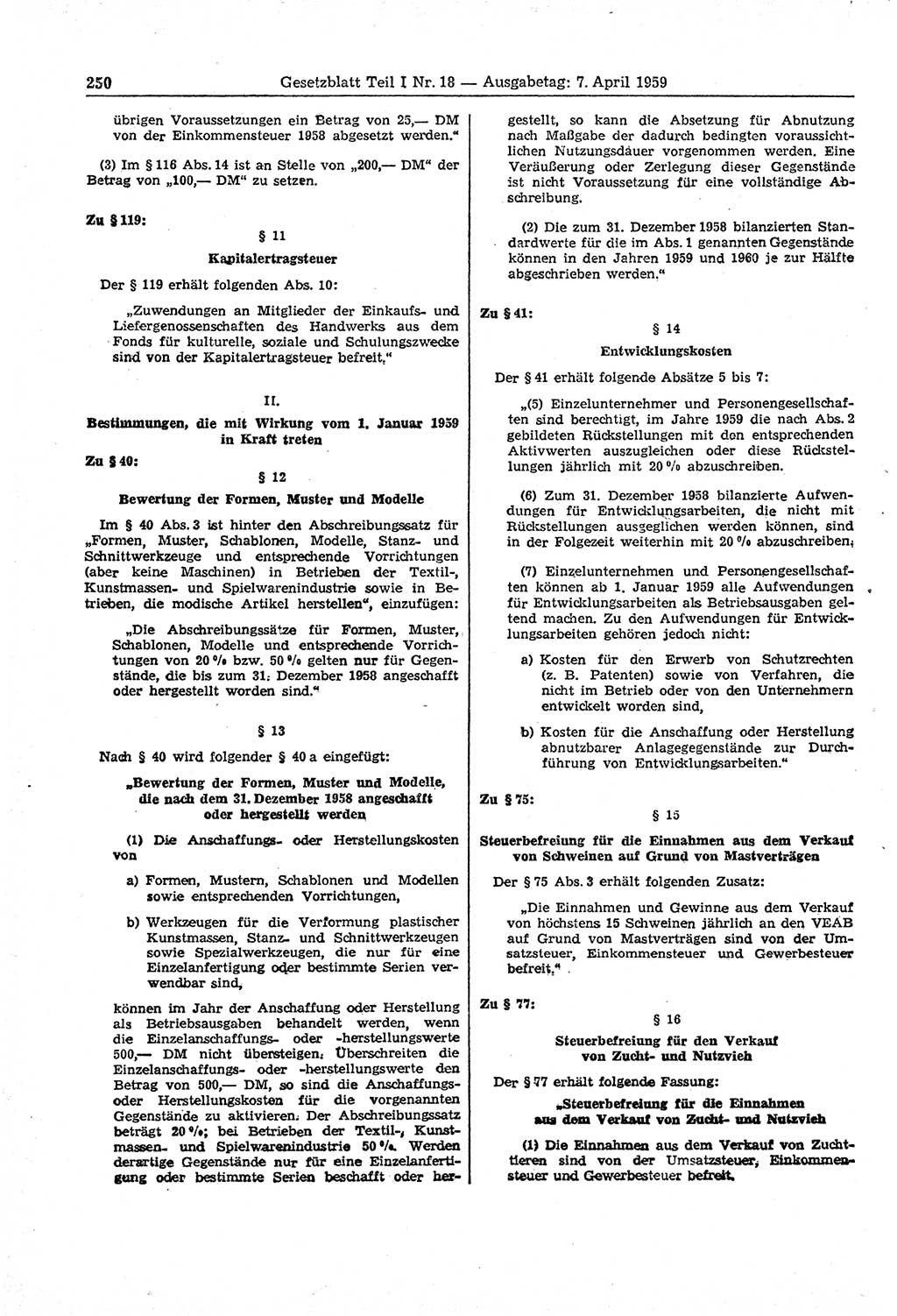 Gesetzblatt (GBl.) der Deutschen Demokratischen Republik (DDR) Teil Ⅰ 1959, Seite 250 (GBl. DDR Ⅰ 1959, S. 250)