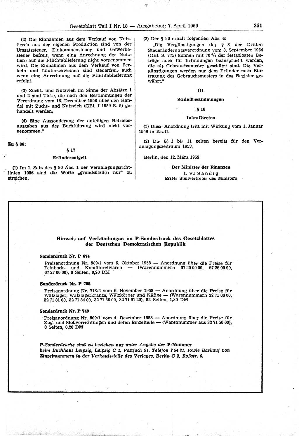 Gesetzblatt (GBl.) der Deutschen Demokratischen Republik (DDR) Teil Ⅰ 1959, Seite 251 (GBl. DDR Ⅰ 1959, S. 251)