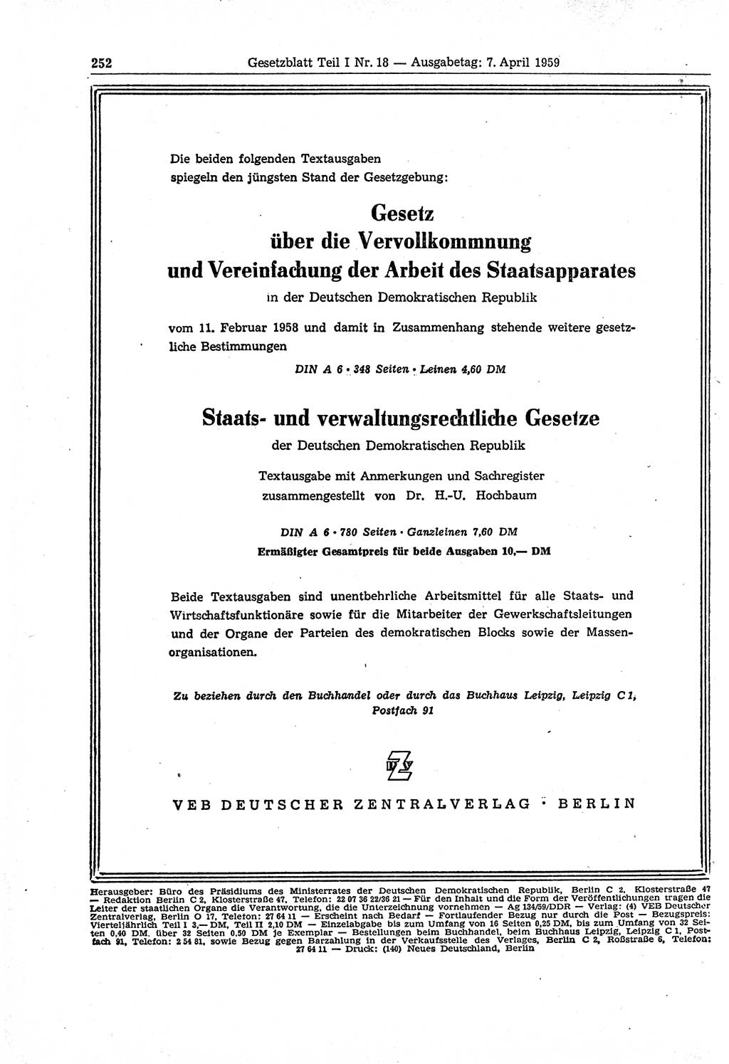 Gesetzblatt (GBl.) der Deutschen Demokratischen Republik (DDR) Teil Ⅰ 1959, Seite 252 (GBl. DDR Ⅰ 1959, S. 252)