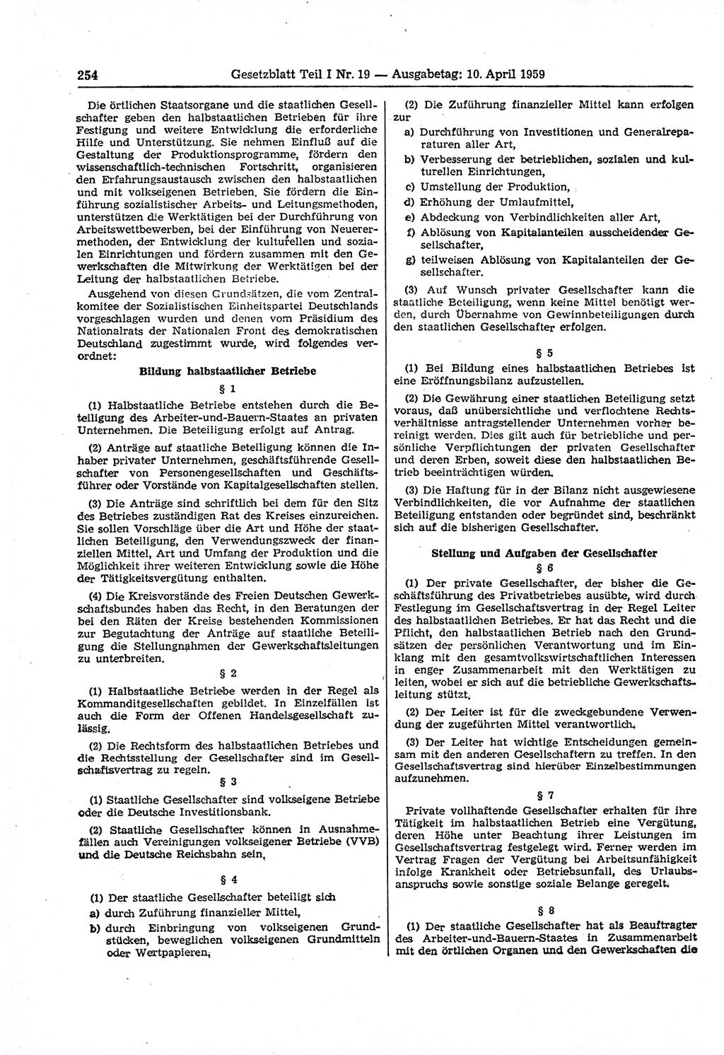 Gesetzblatt (GBl.) der Deutschen Demokratischen Republik (DDR) Teil Ⅰ 1959, Seite 254 (GBl. DDR Ⅰ 1959, S. 254)