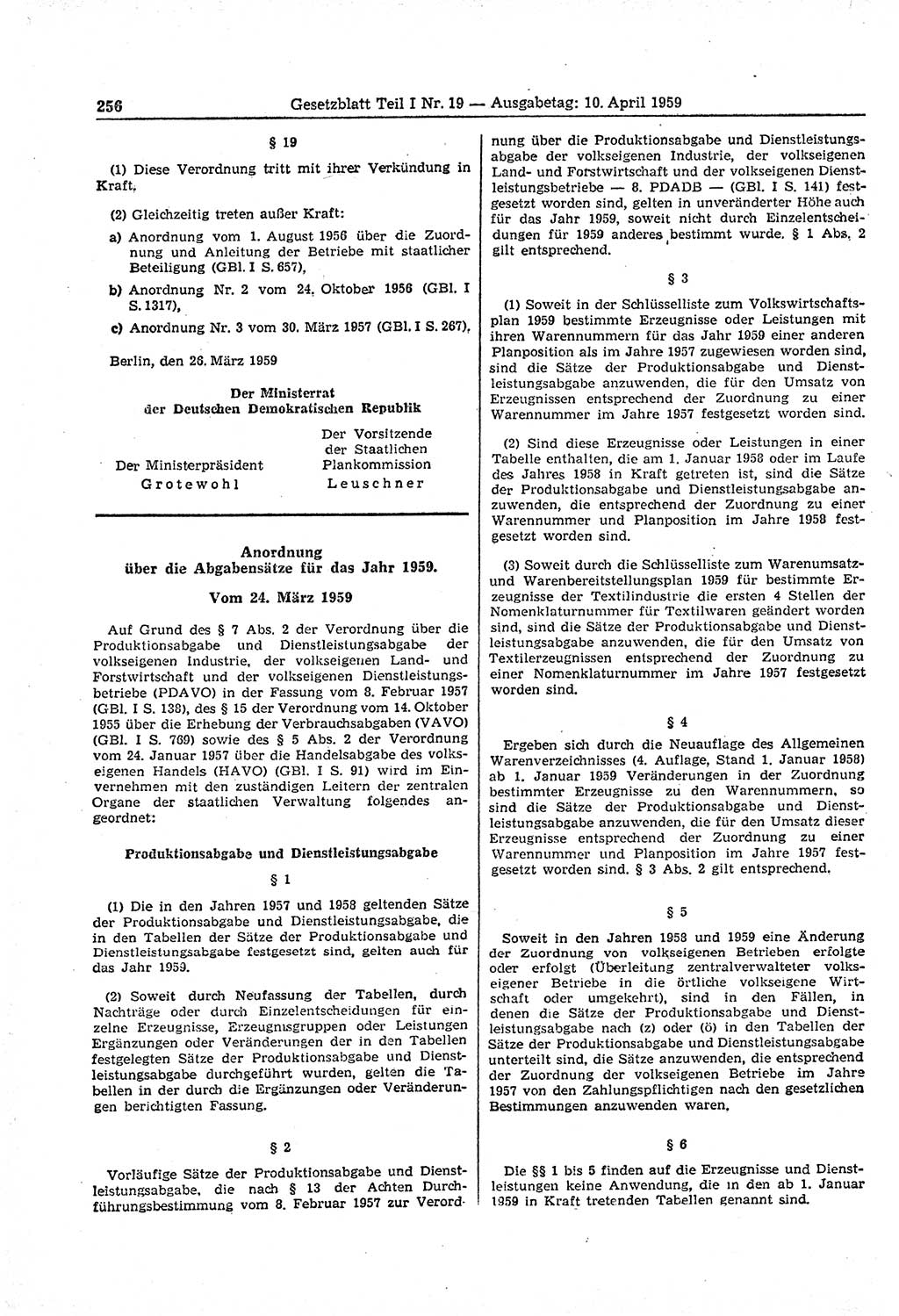Gesetzblatt (GBl.) der Deutschen Demokratischen Republik (DDR) Teil Ⅰ 1959, Seite 256 (GBl. DDR Ⅰ 1959, S. 256)