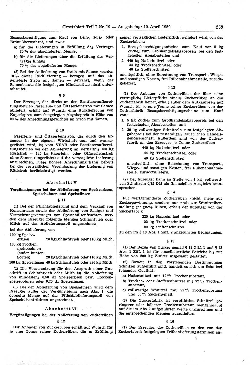 Gesetzblatt (GBl.) der Deutschen Demokratischen Republik (DDR) Teil Ⅰ 1959, Seite 259 (GBl. DDR Ⅰ 1959, S. 259)