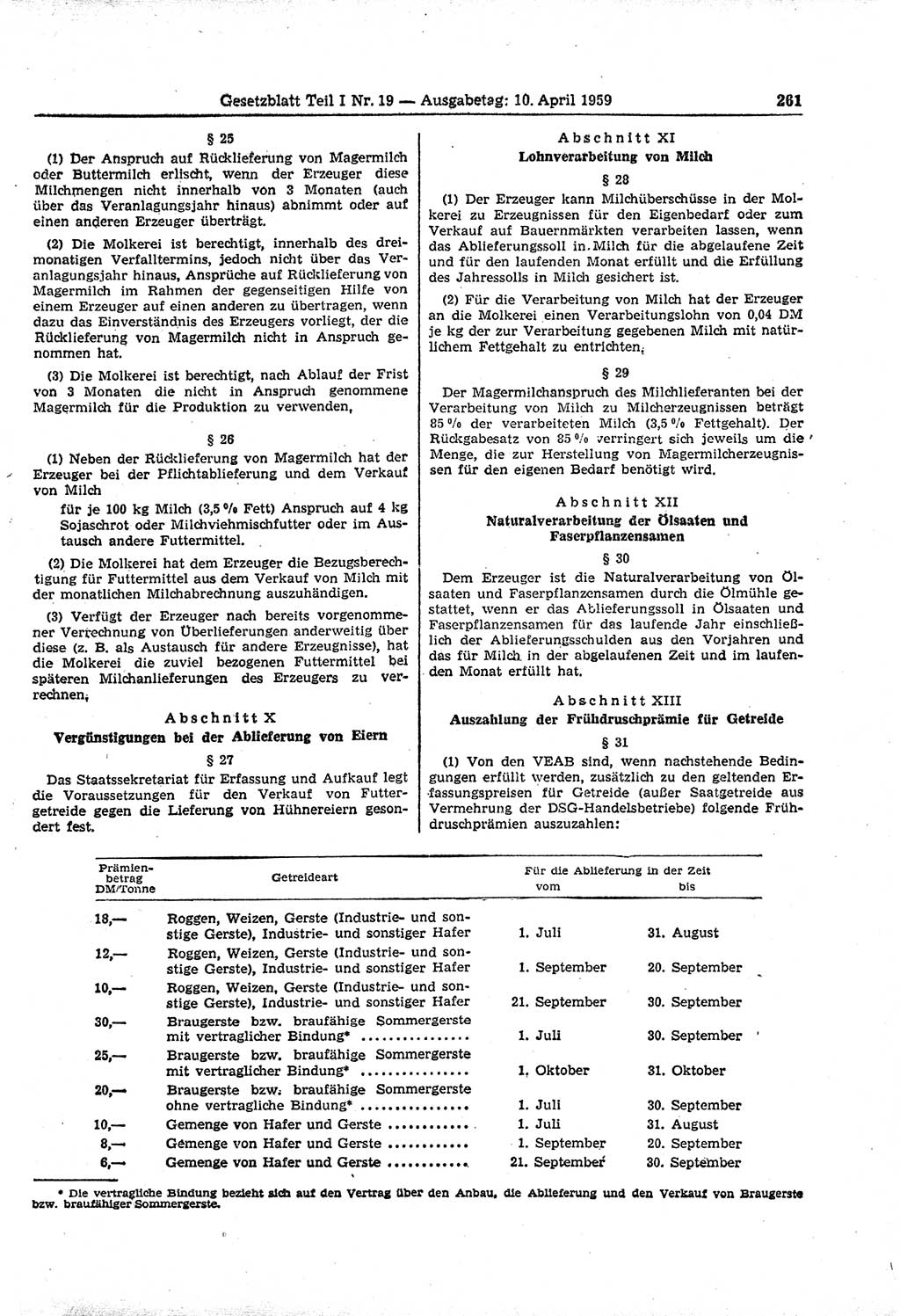 Gesetzblatt (GBl.) der Deutschen Demokratischen Republik (DDR) Teil Ⅰ 1959, Seite 261 (GBl. DDR Ⅰ 1959, S. 261)