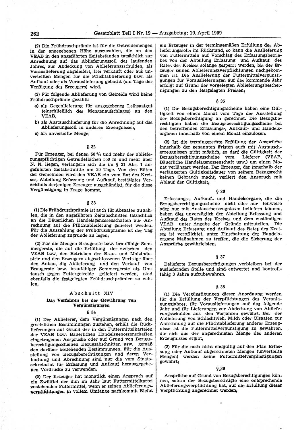 Gesetzblatt (GBl.) der Deutschen Demokratischen Republik (DDR) Teil Ⅰ 1959, Seite 262 (GBl. DDR Ⅰ 1959, S. 262)