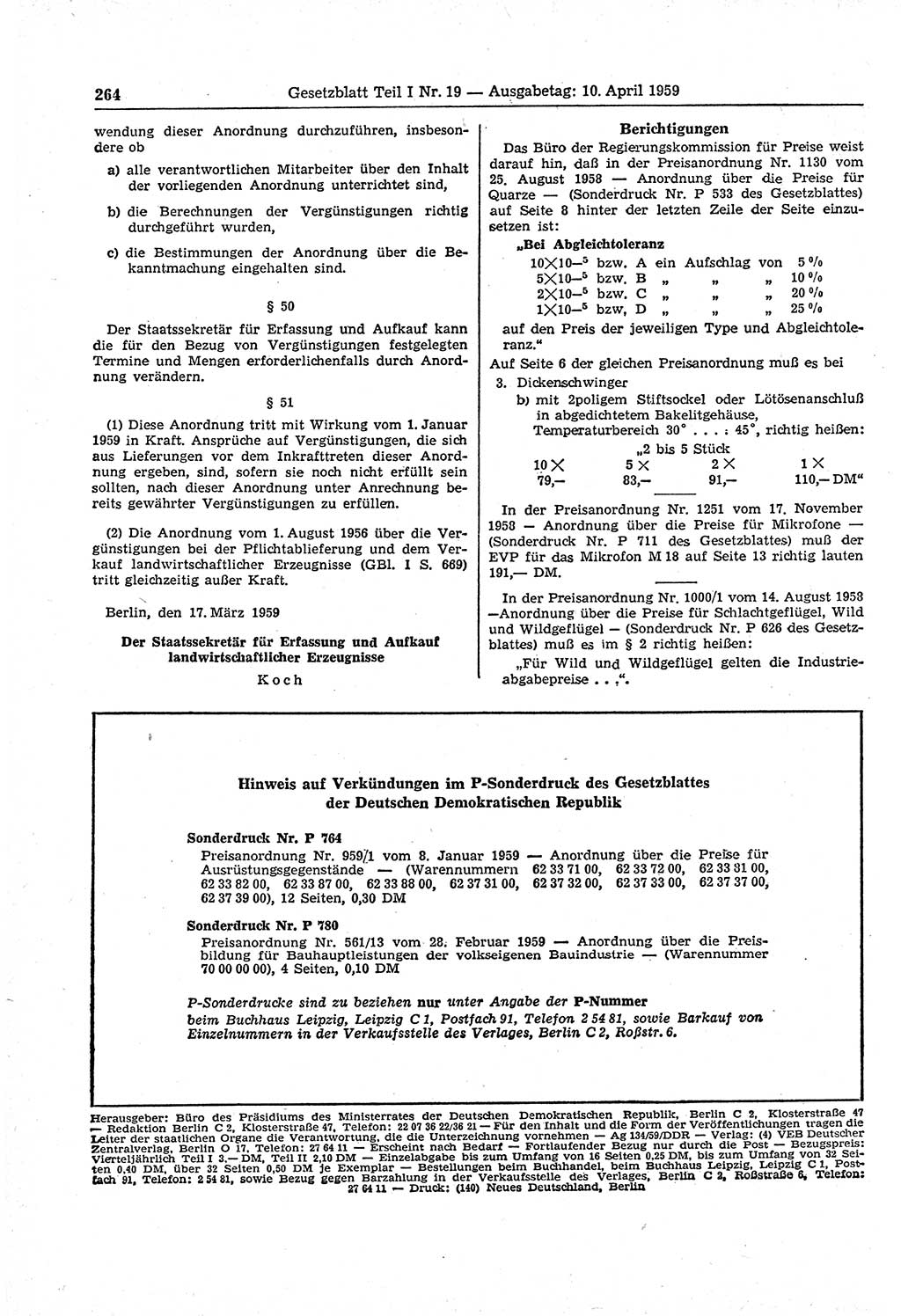 Gesetzblatt (GBl.) der Deutschen Demokratischen Republik (DDR) Teil Ⅰ 1959, Seite 264 (GBl. DDR Ⅰ 1959, S. 264)