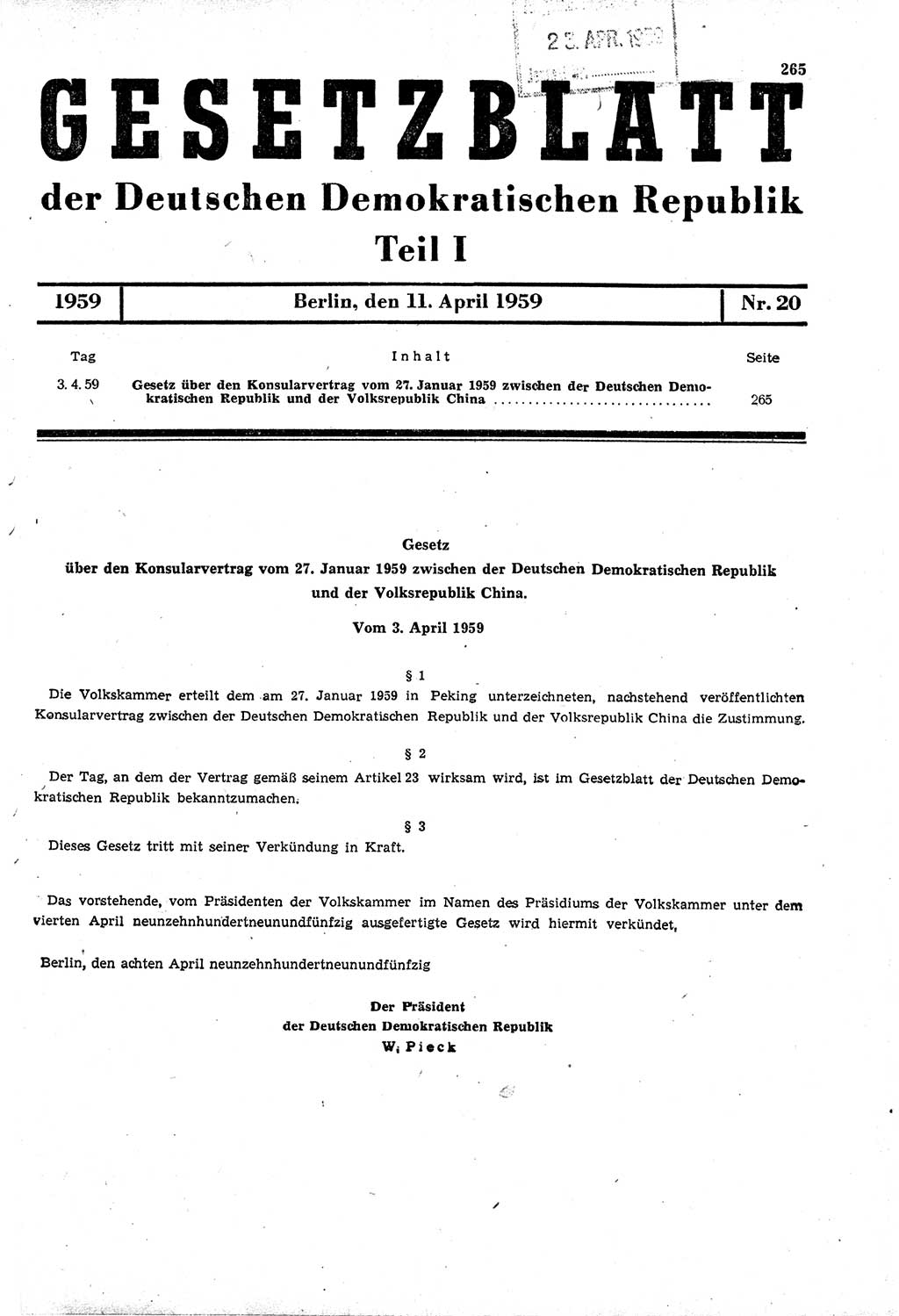 Gesetzblatt (GBl.) der Deutschen Demokratischen Republik (DDR) Teil Ⅰ 1959, Seite 265 (GBl. DDR Ⅰ 1959, S. 265)