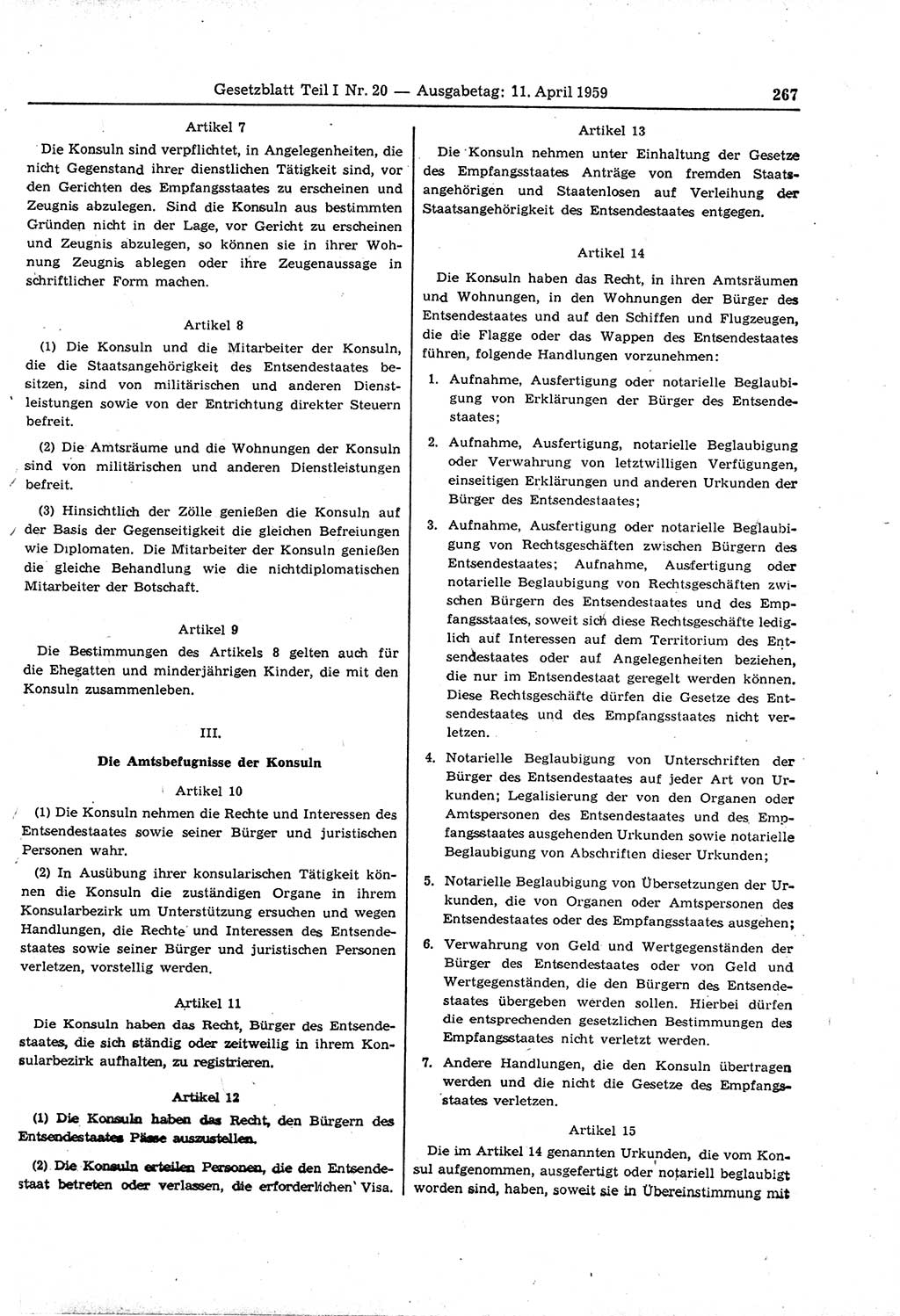 Gesetzblatt (GBl.) der Deutschen Demokratischen Republik (DDR) Teil Ⅰ 1959, Seite 267 (GBl. DDR Ⅰ 1959, S. 267)