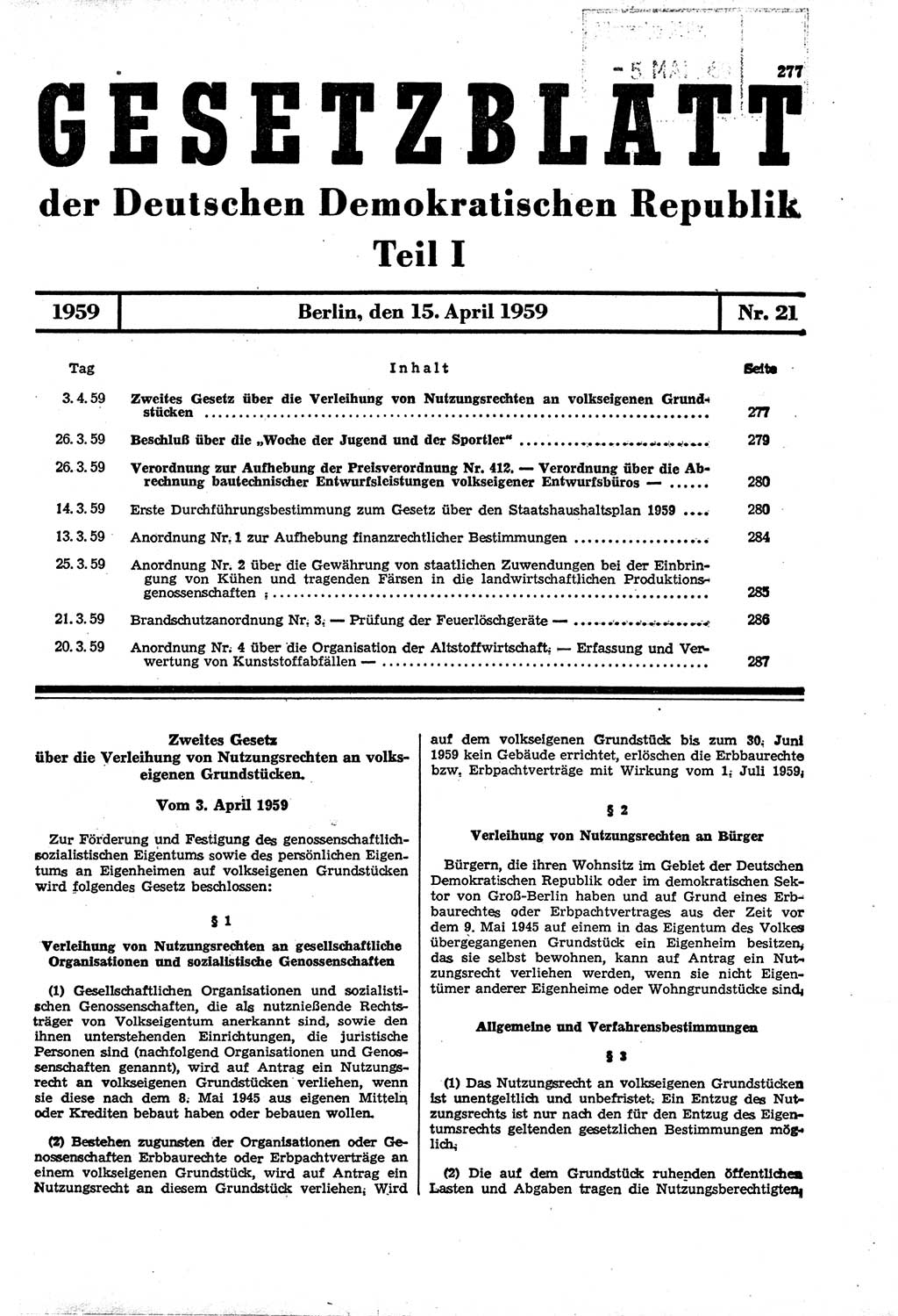 Gesetzblatt (GBl.) der Deutschen Demokratischen Republik (DDR) Teil Ⅰ 1959, Seite 277 (GBl. DDR Ⅰ 1959, S. 277)