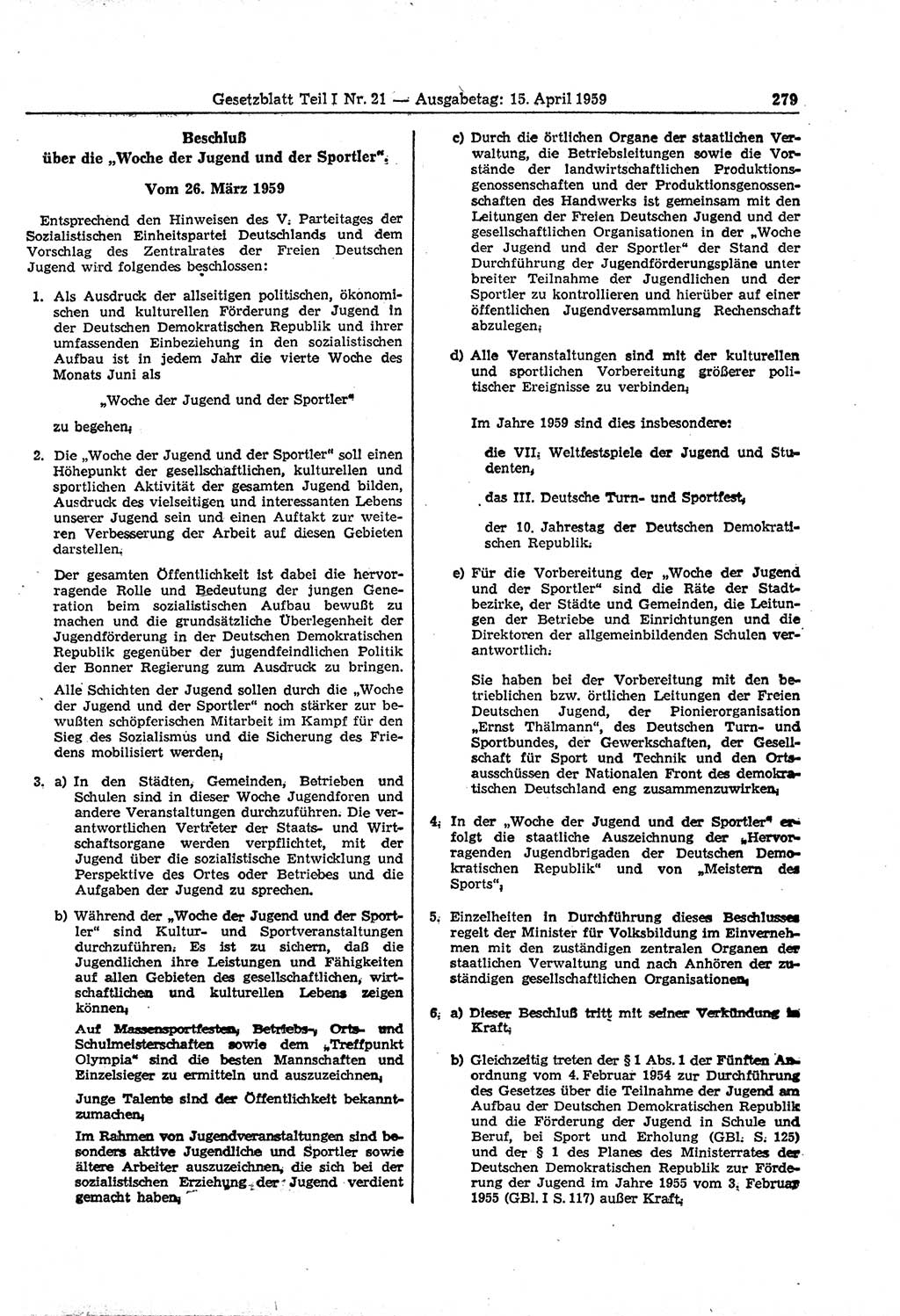 Gesetzblatt (GBl.) der Deutschen Demokratischen Republik (DDR) Teil Ⅰ 1959, Seite 279 (GBl. DDR Ⅰ 1959, S. 279)