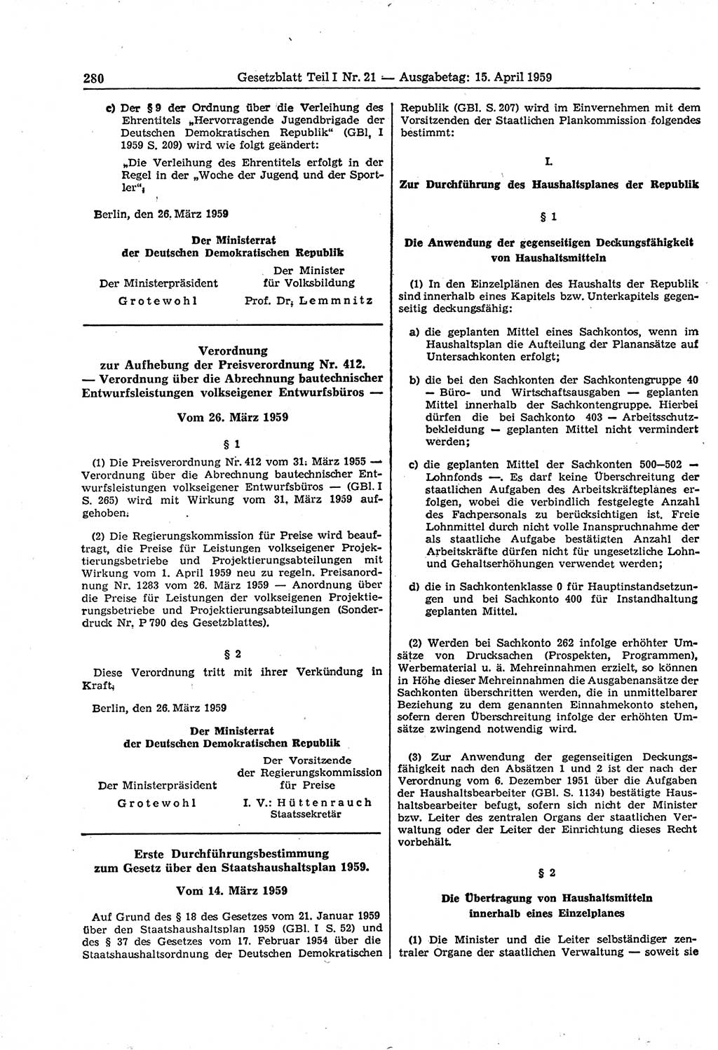 Gesetzblatt (GBl.) der Deutschen Demokratischen Republik (DDR) Teil Ⅰ 1959, Seite 280 (GBl. DDR Ⅰ 1959, S. 280)