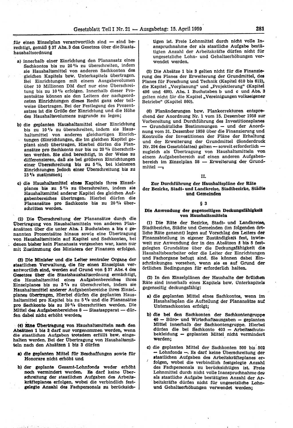 Gesetzblatt (GBl.) der Deutschen Demokratischen Republik (DDR) Teil Ⅰ 1959, Seite 281 (GBl. DDR Ⅰ 1959, S. 281)