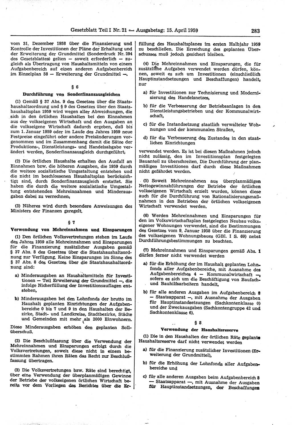 Gesetzblatt (GBl.) der Deutschen Demokratischen Republik (DDR) Teil Ⅰ 1959, Seite 283 (GBl. DDR Ⅰ 1959, S. 283)