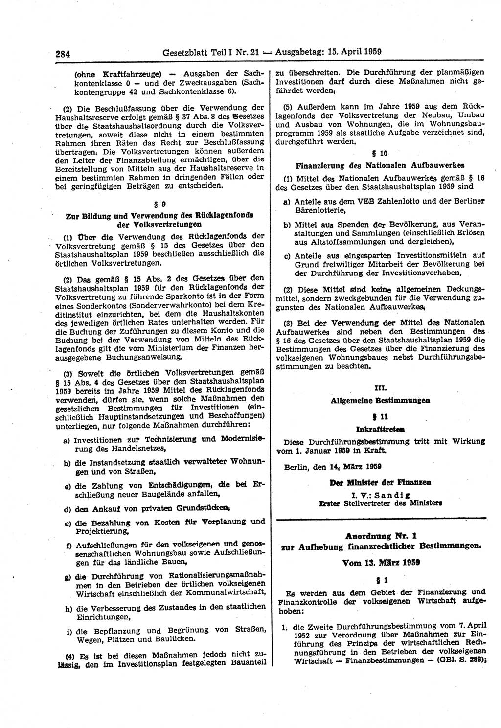 Gesetzblatt (GBl.) der Deutschen Demokratischen Republik (DDR) Teil Ⅰ 1959, Seite 284 (GBl. DDR Ⅰ 1959, S. 284)