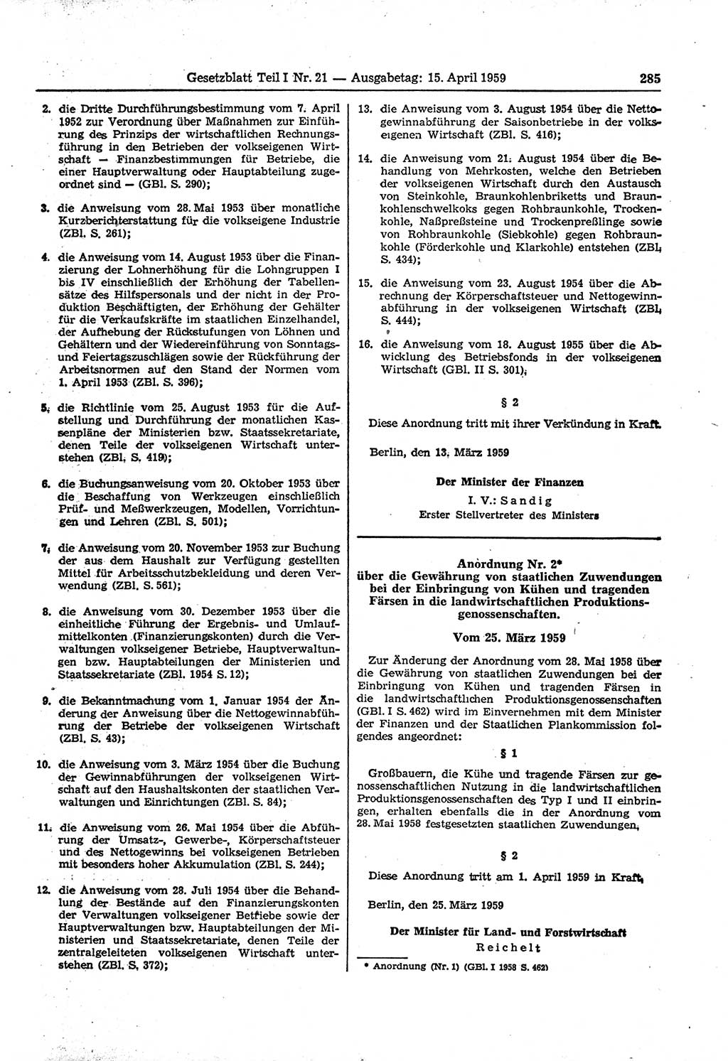 Gesetzblatt (GBl.) der Deutschen Demokratischen Republik (DDR) Teil Ⅰ 1959, Seite 285 (GBl. DDR Ⅰ 1959, S. 285)