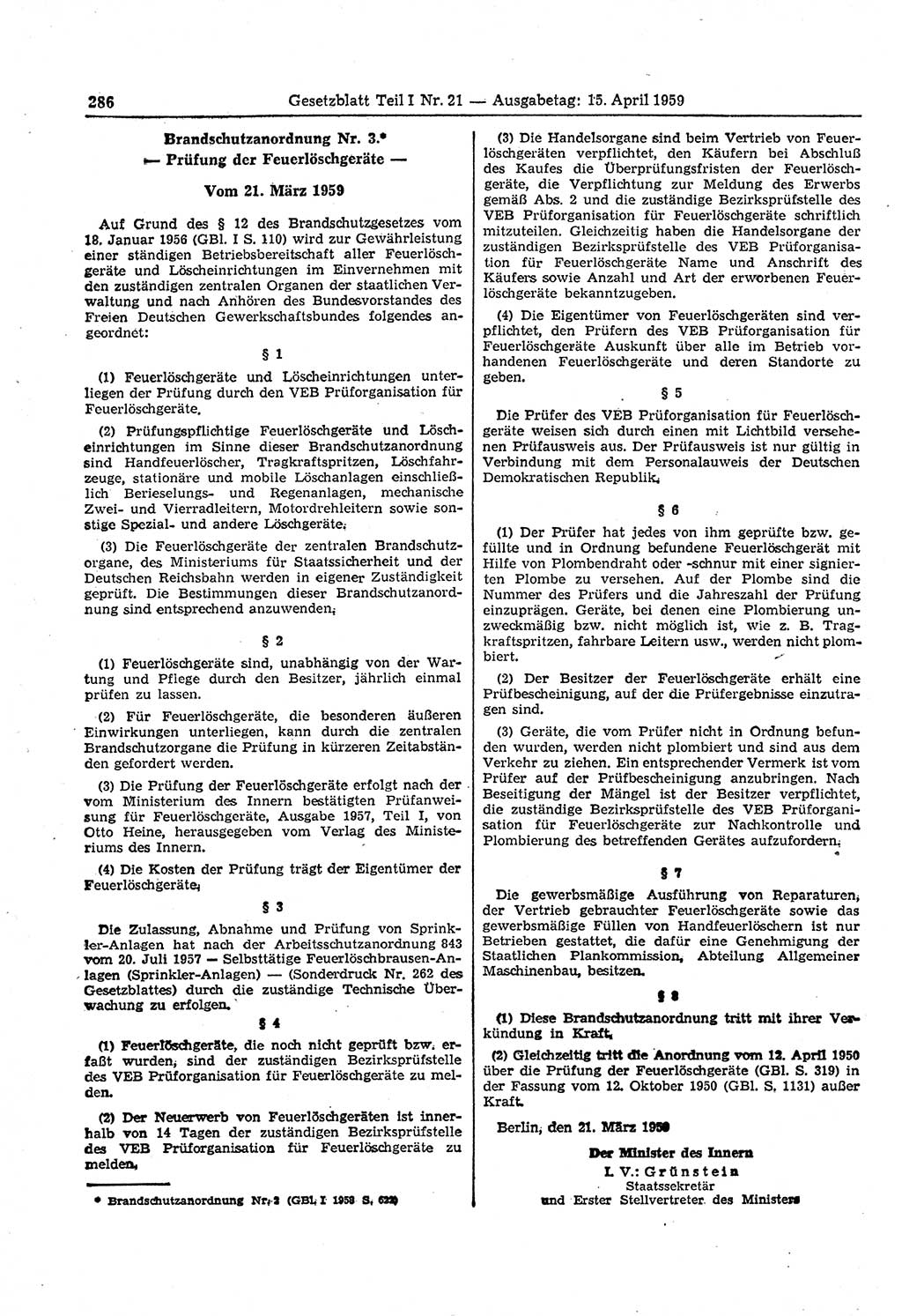 Gesetzblatt (GBl.) der Deutschen Demokratischen Republik (DDR) Teil Ⅰ 1959, Seite 286 (GBl. DDR Ⅰ 1959, S. 286)