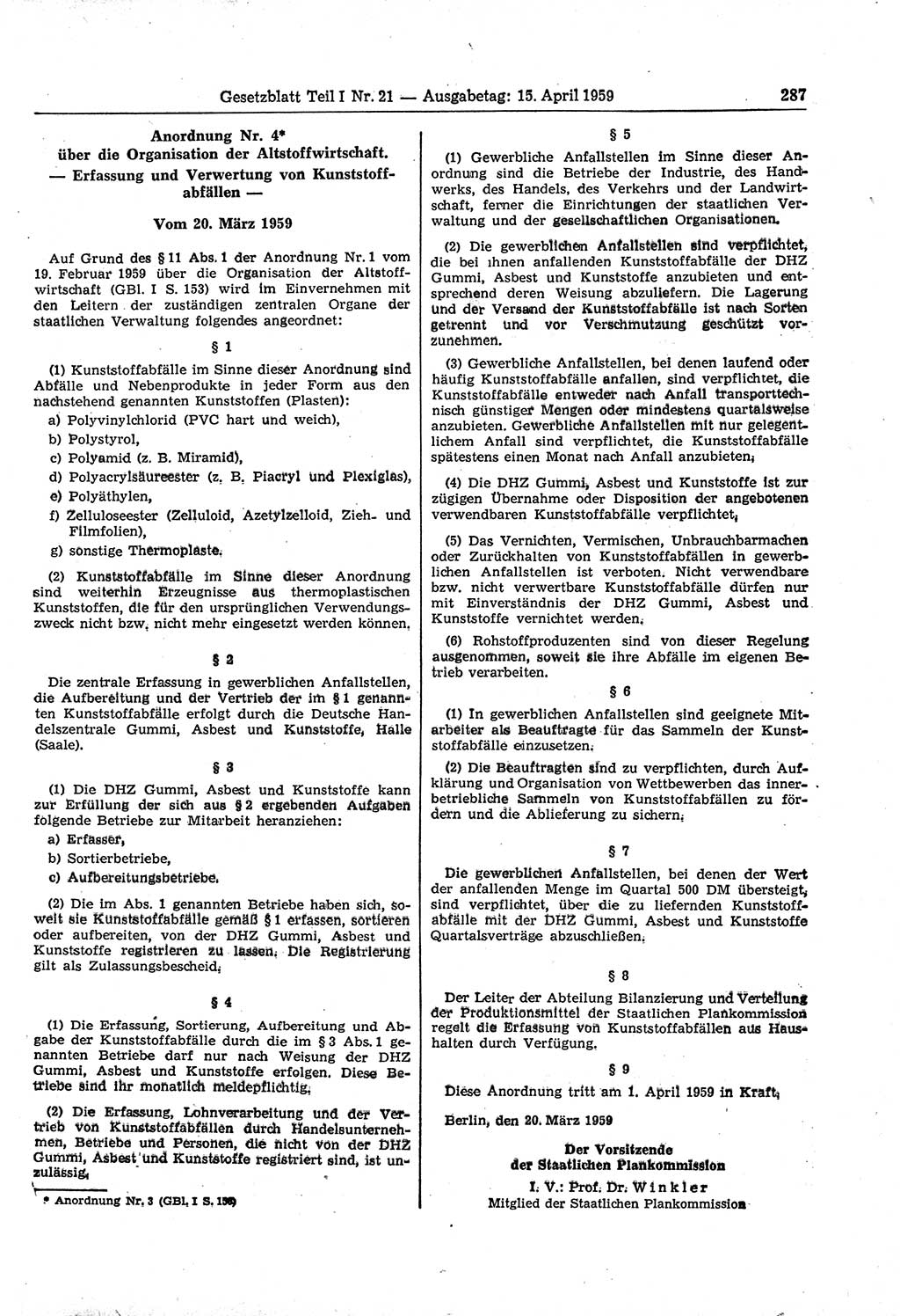 Gesetzblatt (GBl.) der Deutschen Demokratischen Republik (DDR) Teil Ⅰ 1959, Seite 287 (GBl. DDR Ⅰ 1959, S. 287)