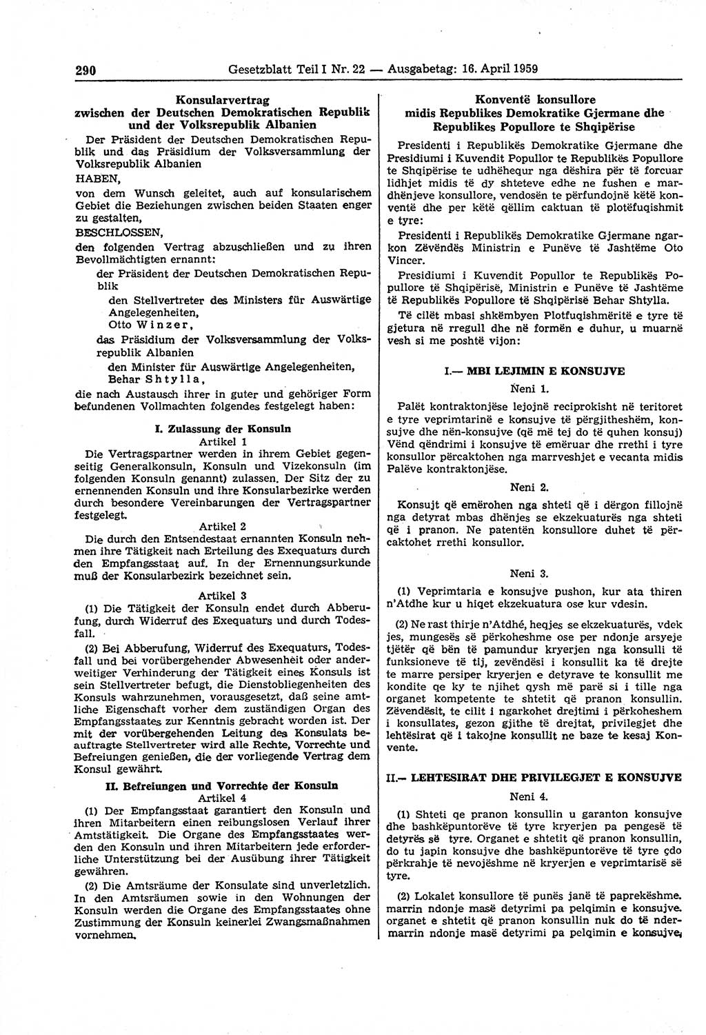 Gesetzblatt (GBl.) der Deutschen Demokratischen Republik (DDR) Teil Ⅰ 1959, Seite 290 (GBl. DDR Ⅰ 1959, S. 290)