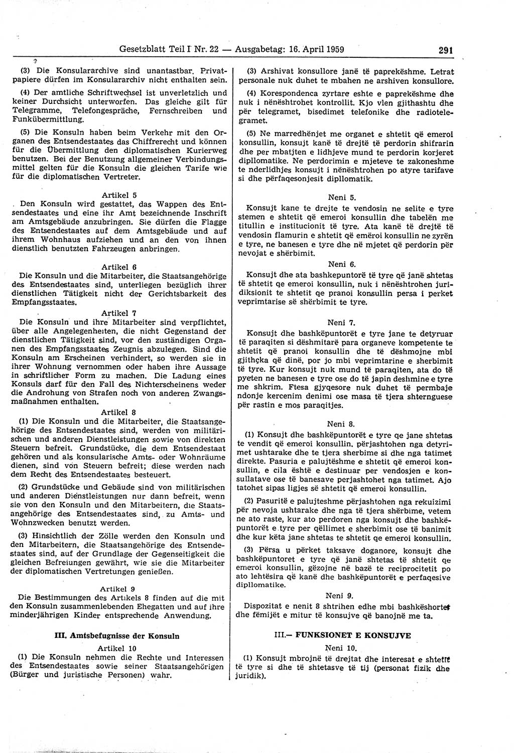 Gesetzblatt (GBl.) der Deutschen Demokratischen Republik (DDR) Teil Ⅰ 1959, Seite 291 (GBl. DDR Ⅰ 1959, S. 291)