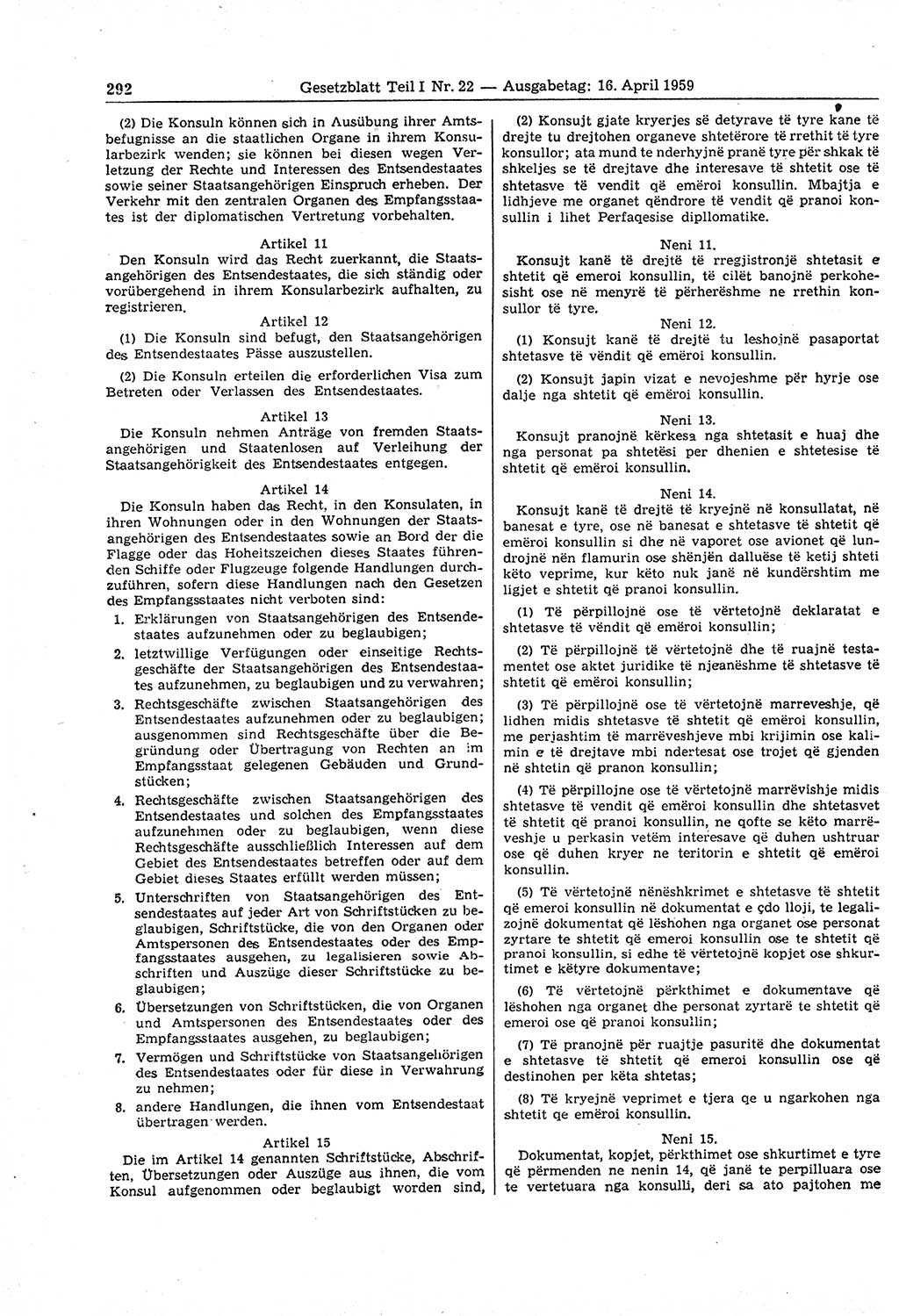 Gesetzblatt (GBl.) der Deutschen Demokratischen Republik (DDR) Teil Ⅰ 1959, Seite 292 (GBl. DDR Ⅰ 1959, S. 292)
