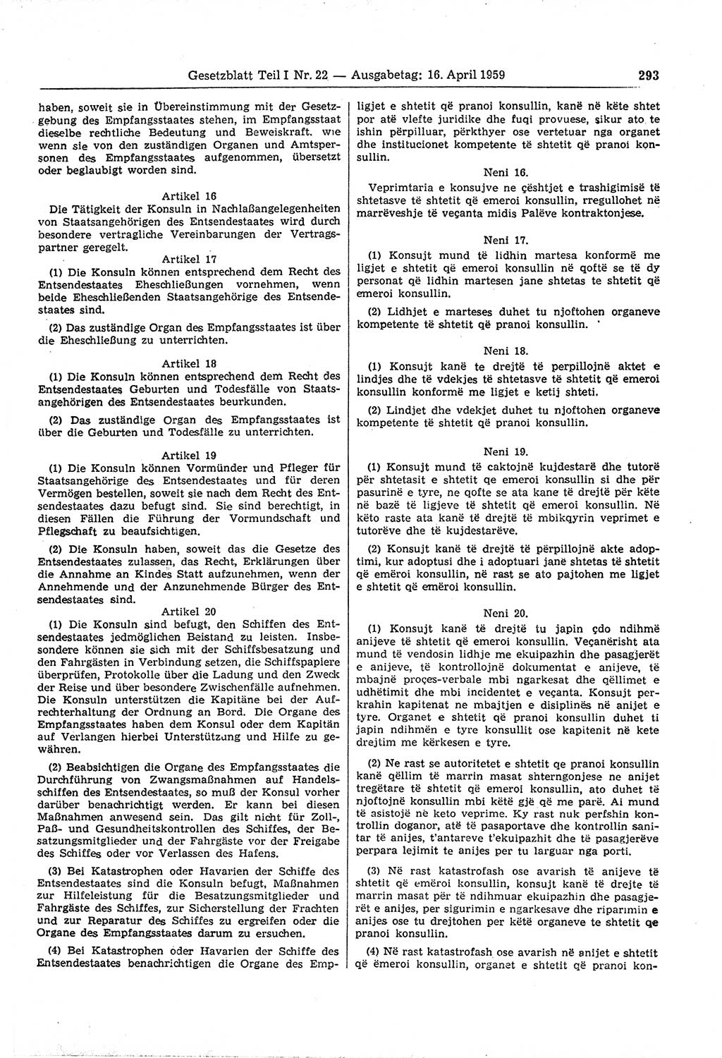 Gesetzblatt (GBl.) der Deutschen Demokratischen Republik (DDR) Teil Ⅰ 1959, Seite 293 (GBl. DDR Ⅰ 1959, S. 293)