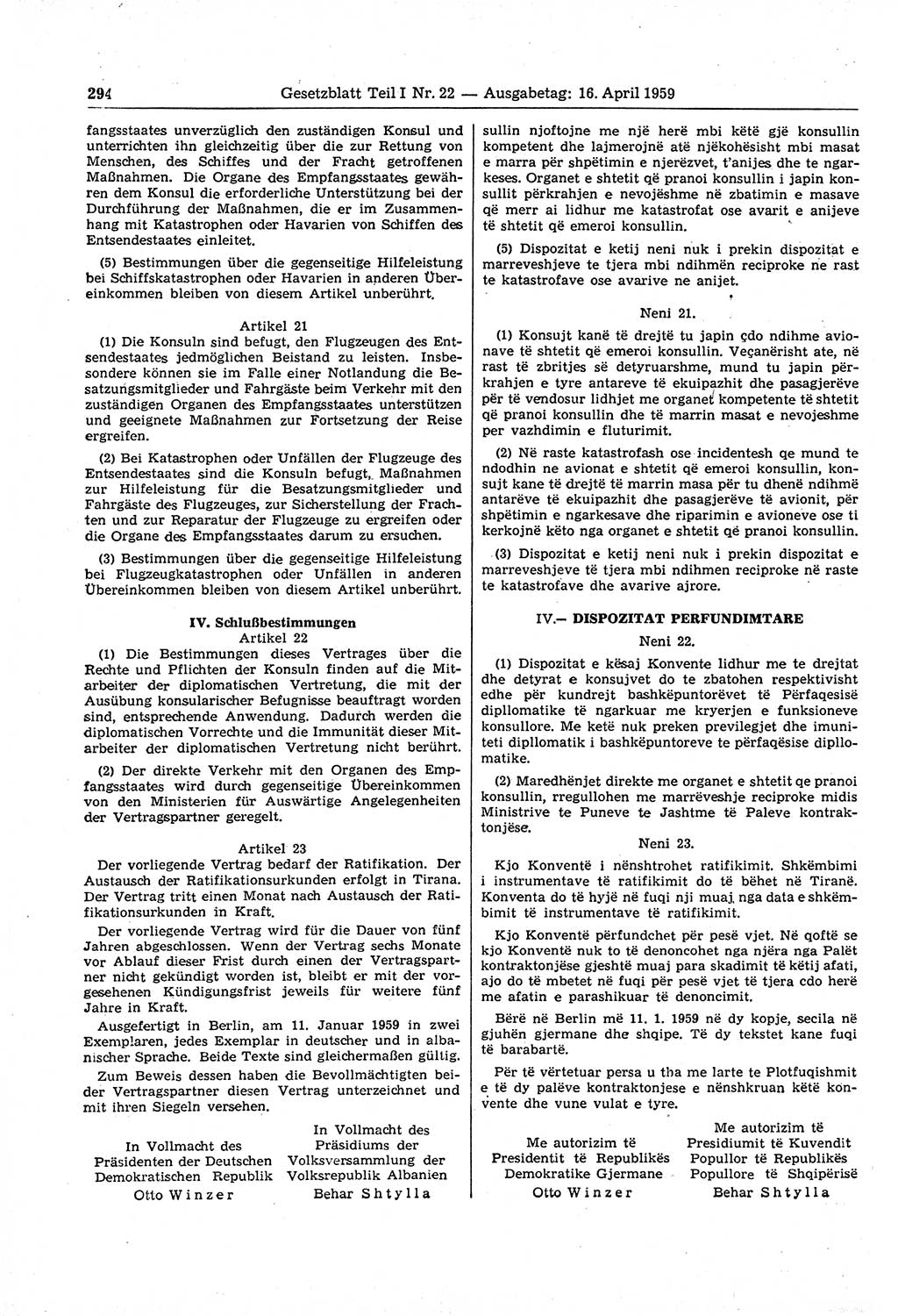 Gesetzblatt (GBl.) der Deutschen Demokratischen Republik (DDR) Teil Ⅰ 1959, Seite 294 (GBl. DDR Ⅰ 1959, S. 294)