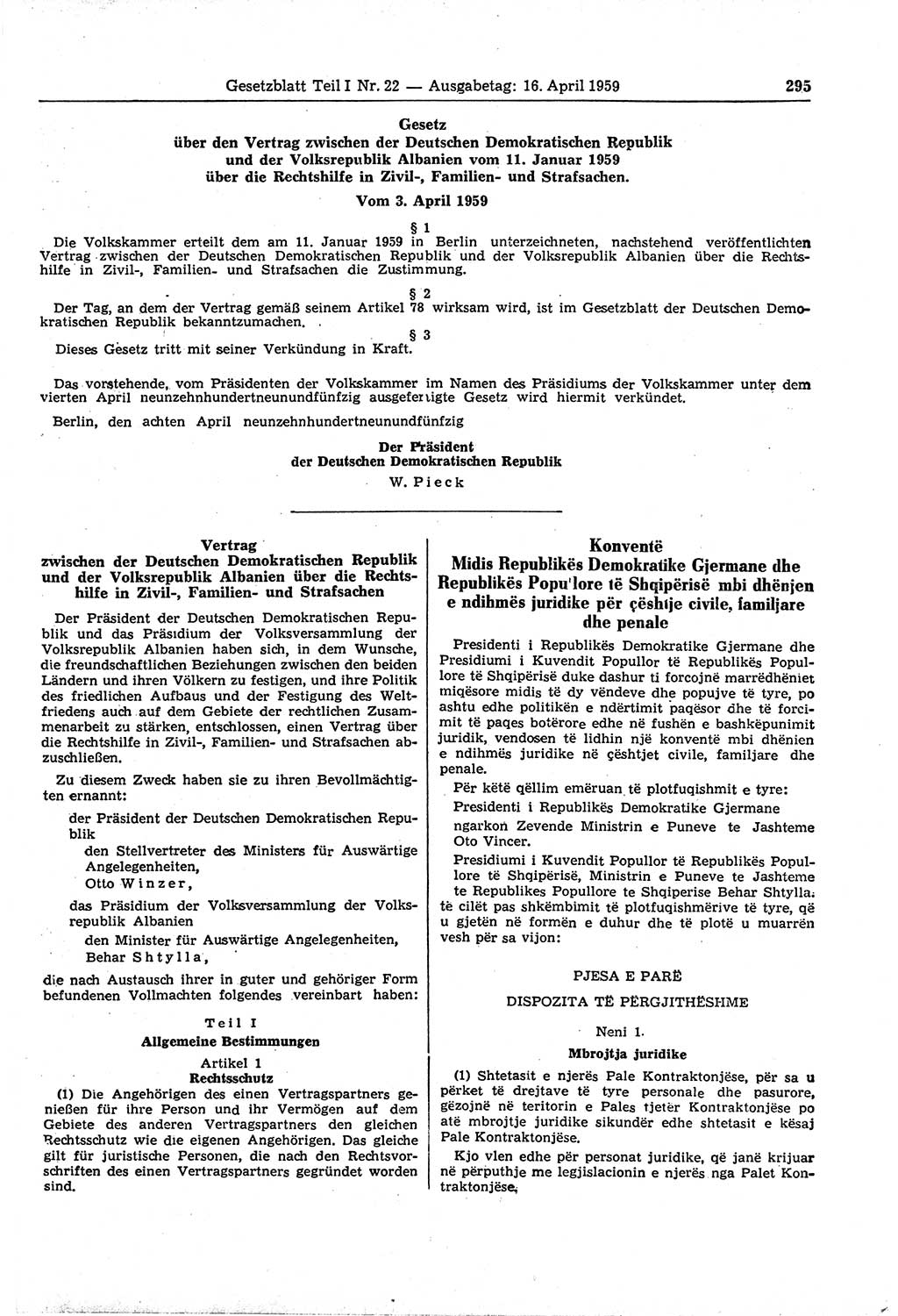 Gesetzblatt (GBl.) der Deutschen Demokratischen Republik (DDR) Teil Ⅰ 1959, Seite 295 (GBl. DDR Ⅰ 1959, S. 295)