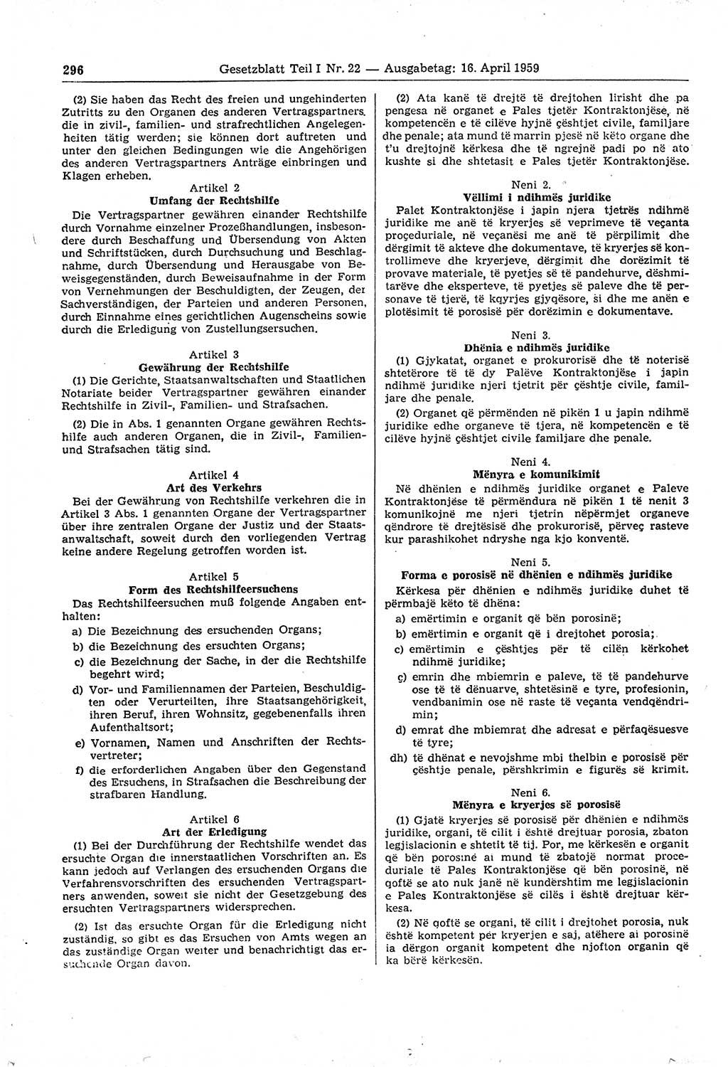 Gesetzblatt (GBl.) der Deutschen Demokratischen Republik (DDR) Teil Ⅰ 1959, Seite 296 (GBl. DDR Ⅰ 1959, S. 296)