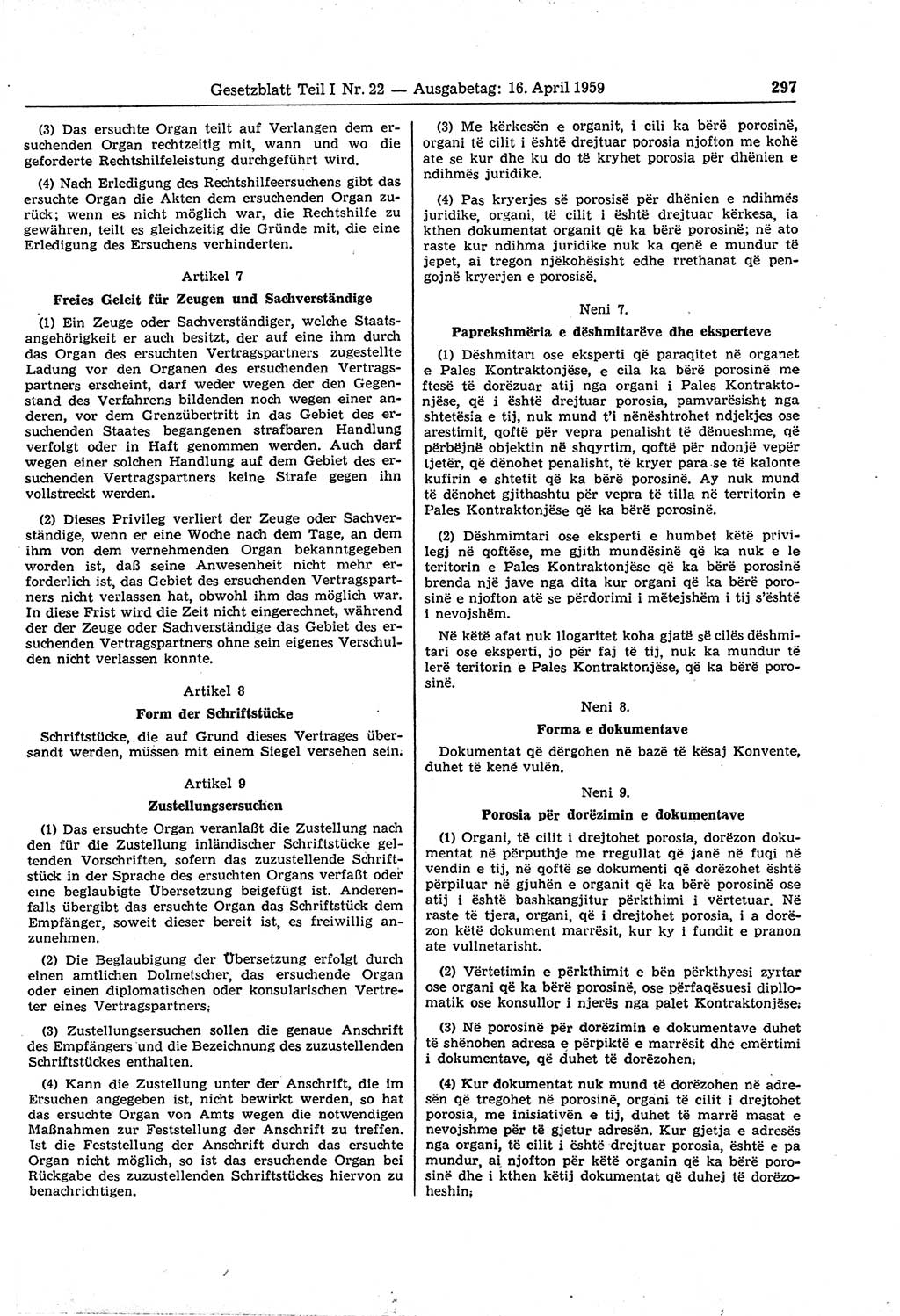 Gesetzblatt (GBl.) der Deutschen Demokratischen Republik (DDR) Teil Ⅰ 1959, Seite 297 (GBl. DDR Ⅰ 1959, S. 297)