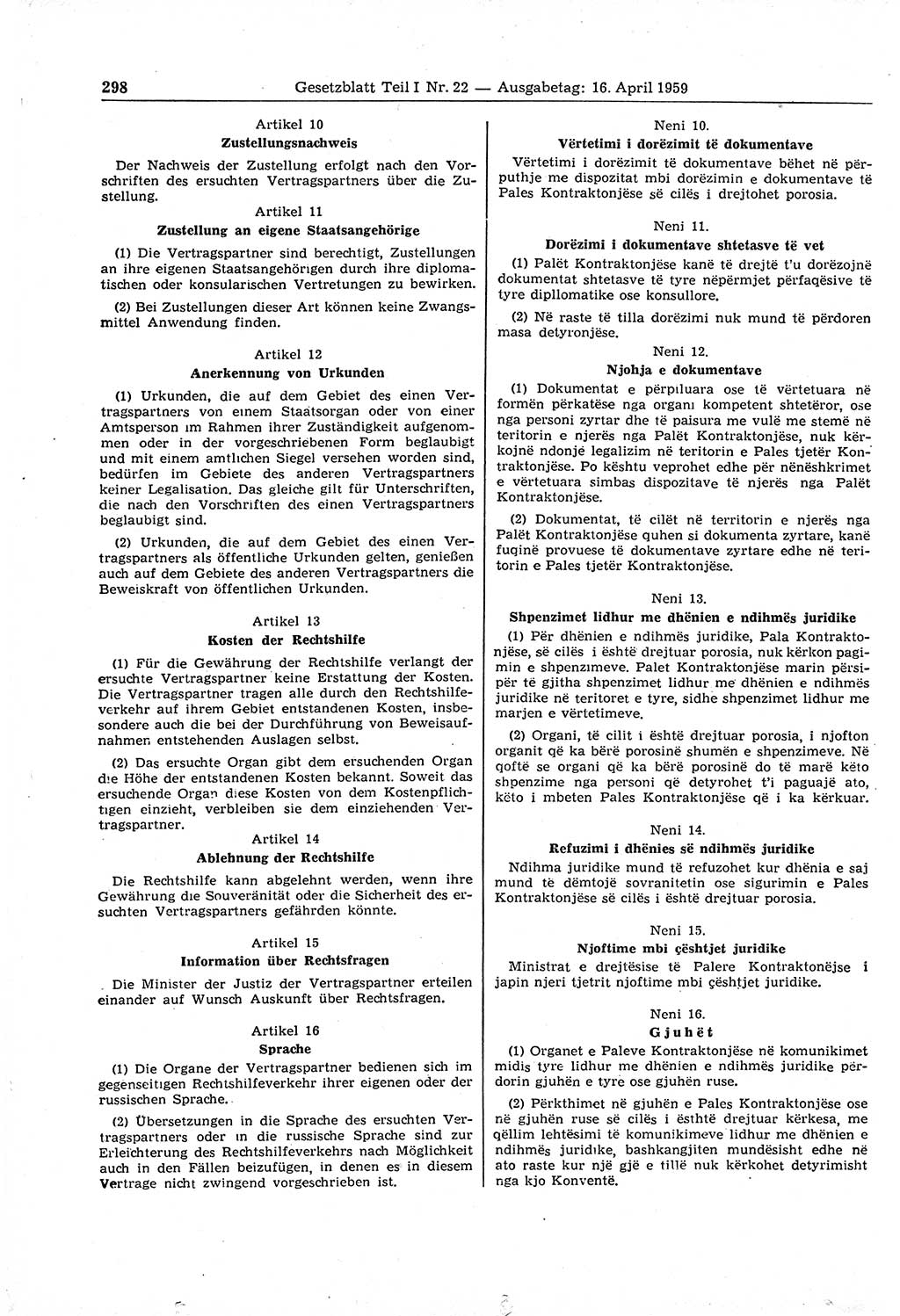 Gesetzblatt (GBl.) der Deutschen Demokratischen Republik (DDR) Teil Ⅰ 1959, Seite 298 (GBl. DDR Ⅰ 1959, S. 298)