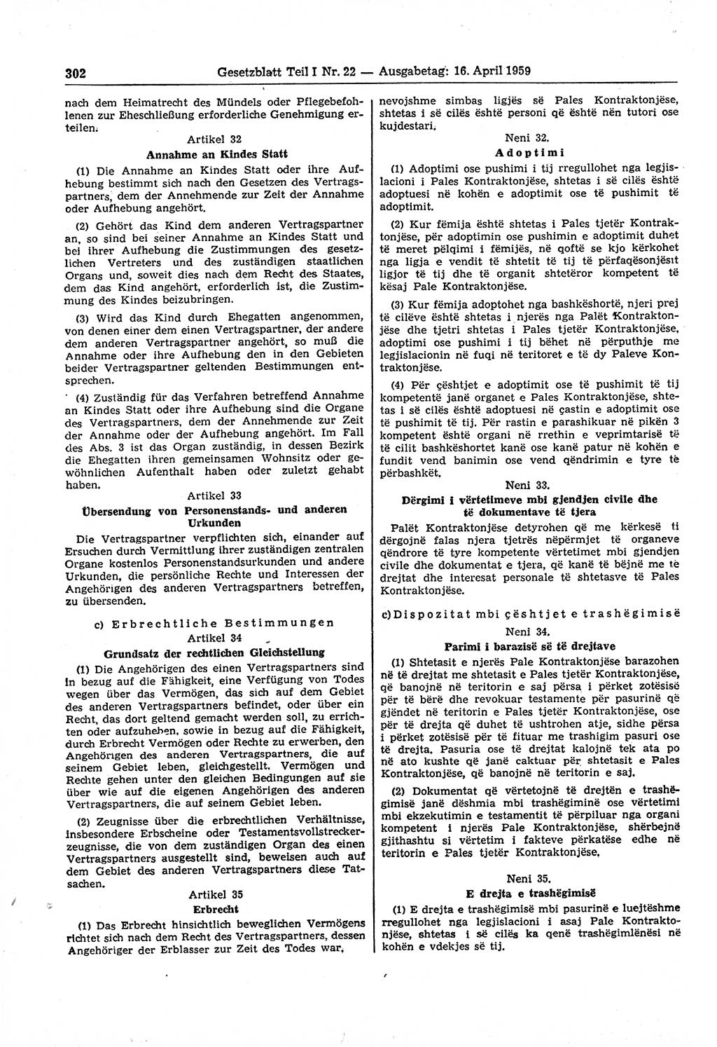 Gesetzblatt (GBl.) der Deutschen Demokratischen Republik (DDR) Teil Ⅰ 1959, Seite 302 (GBl. DDR Ⅰ 1959, S. 302)